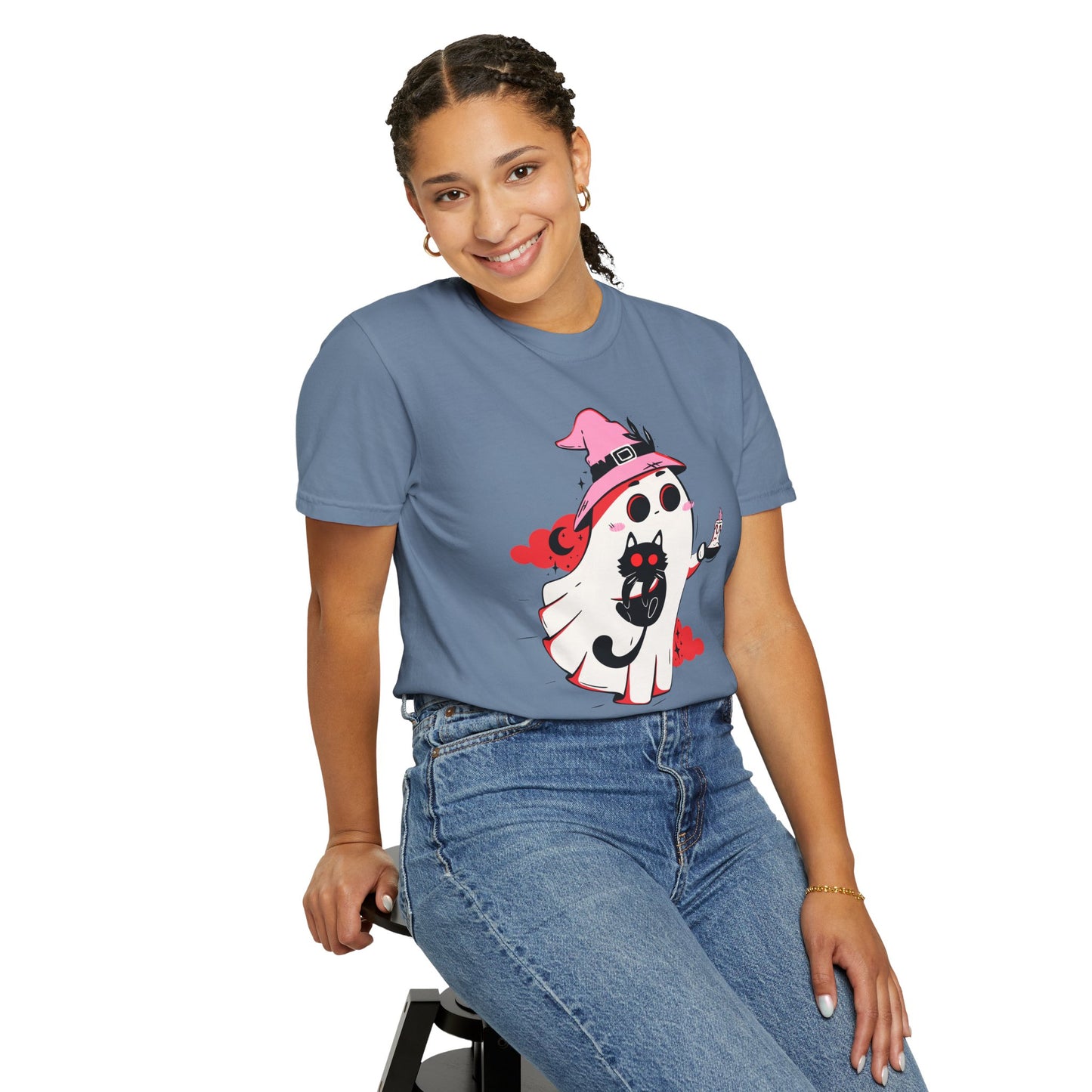 Ghostly Glam T-Shirt - Witchy Whimsy with Cat Companion