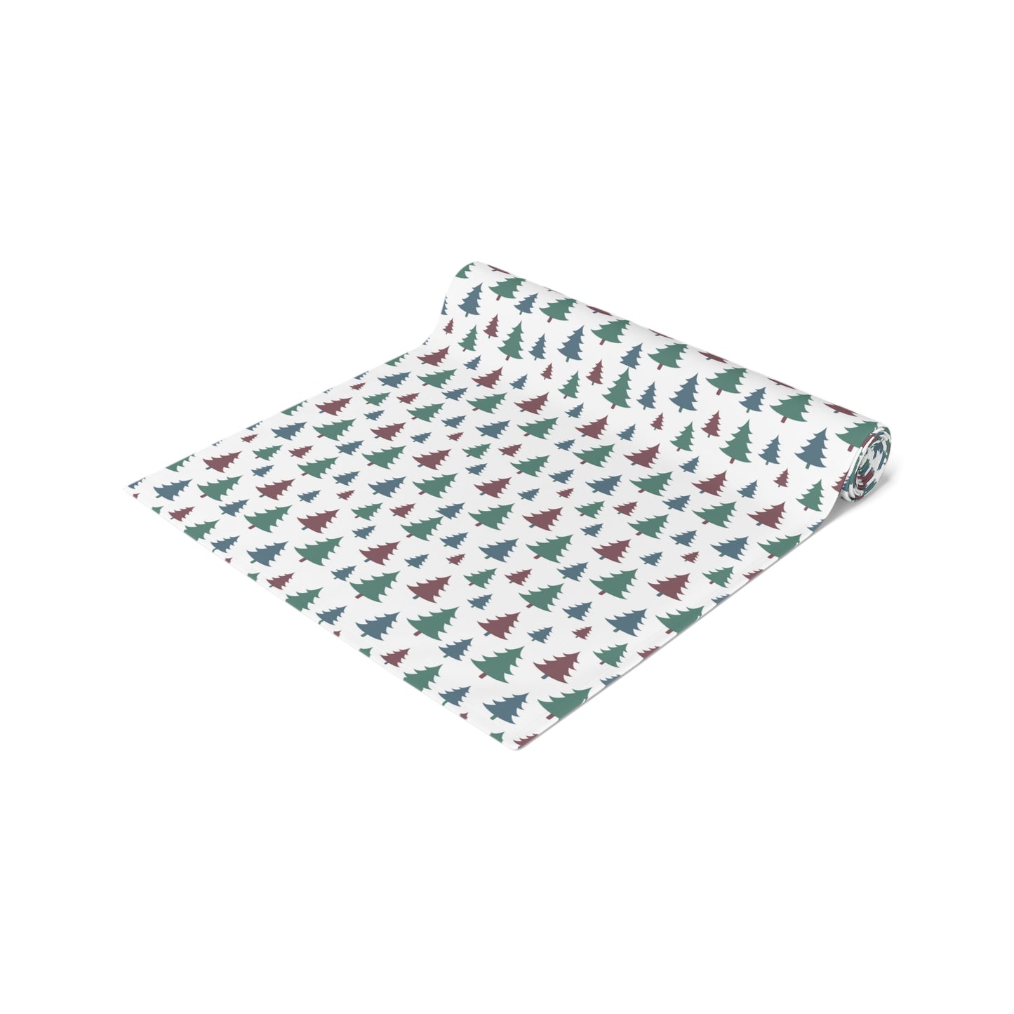 Christmas Table Runner, Green Pine Tree Pattern, Festive Holiday Dining Decor, White Background, Seasonal Table Linen