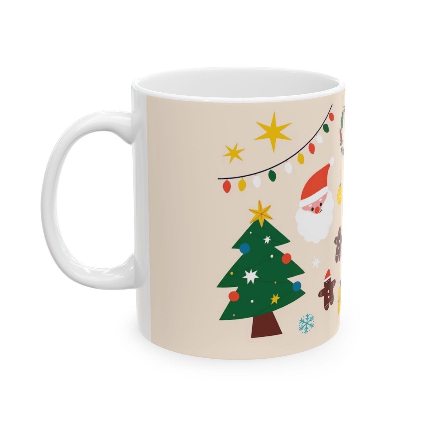 Ceramic Mug – Christmas Icons with Santa, Gingerbread Men & Wreaths – 11oz Festive Gift for Coffee & Cocoa Lover