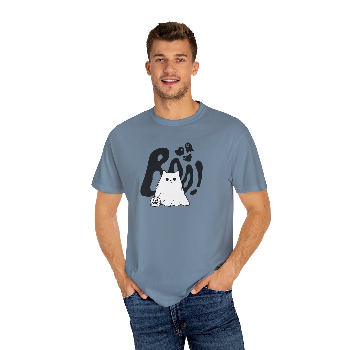 BOO Ghost Cat T-shirt– Pumpkin Purrfection for Halloween