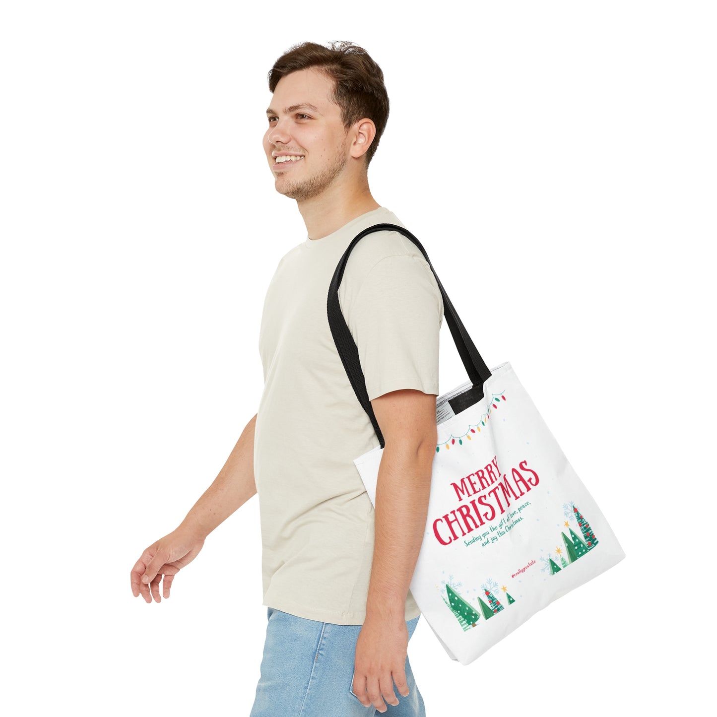 Tote Bag – “MERRY CHRISTMAS” with Lights, Tree Row & Holiday Message – Gift for Festive Errands & Seasonal Cheer