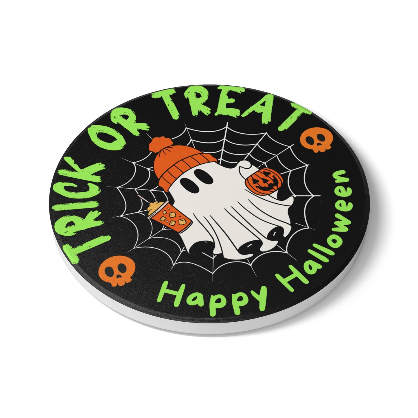 Trick or Treat Ceramic Coaster – Cute Ghost with Pumpkin and Drinks