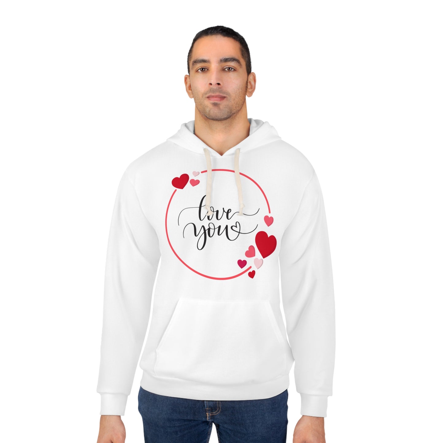 Love You with Hearts Printed Unisex Pullover Hoodie, Red & White