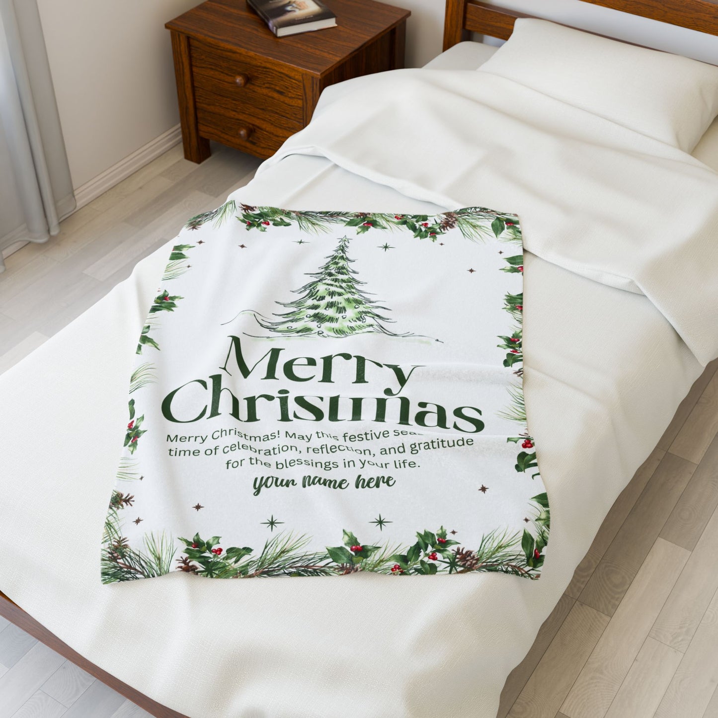 Personalized White Christmas Tree Blanket – Festive Holiday Throw with Heartfelt Message