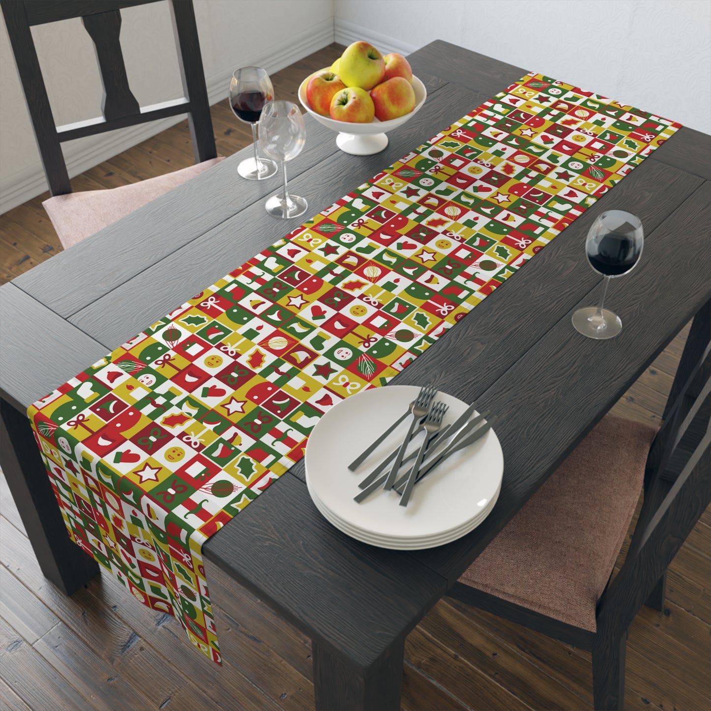 Table Runner – Red & Green Christmas Icons – Festive Dining Decor & Holiday Gift