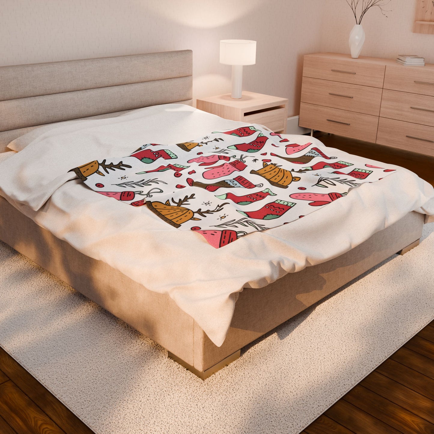Holiday Print Velveteen Plush Blanket – Reindeer, Mittens & Stockings Design
