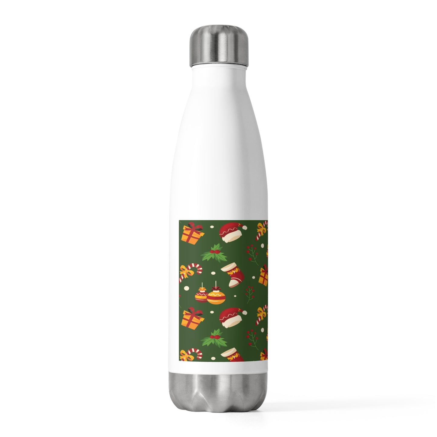 Insulated Stainless Steel Water Bottle – Green Christmas Design with Candy Canes & Holly – Eco-Friendly Holiday Gift