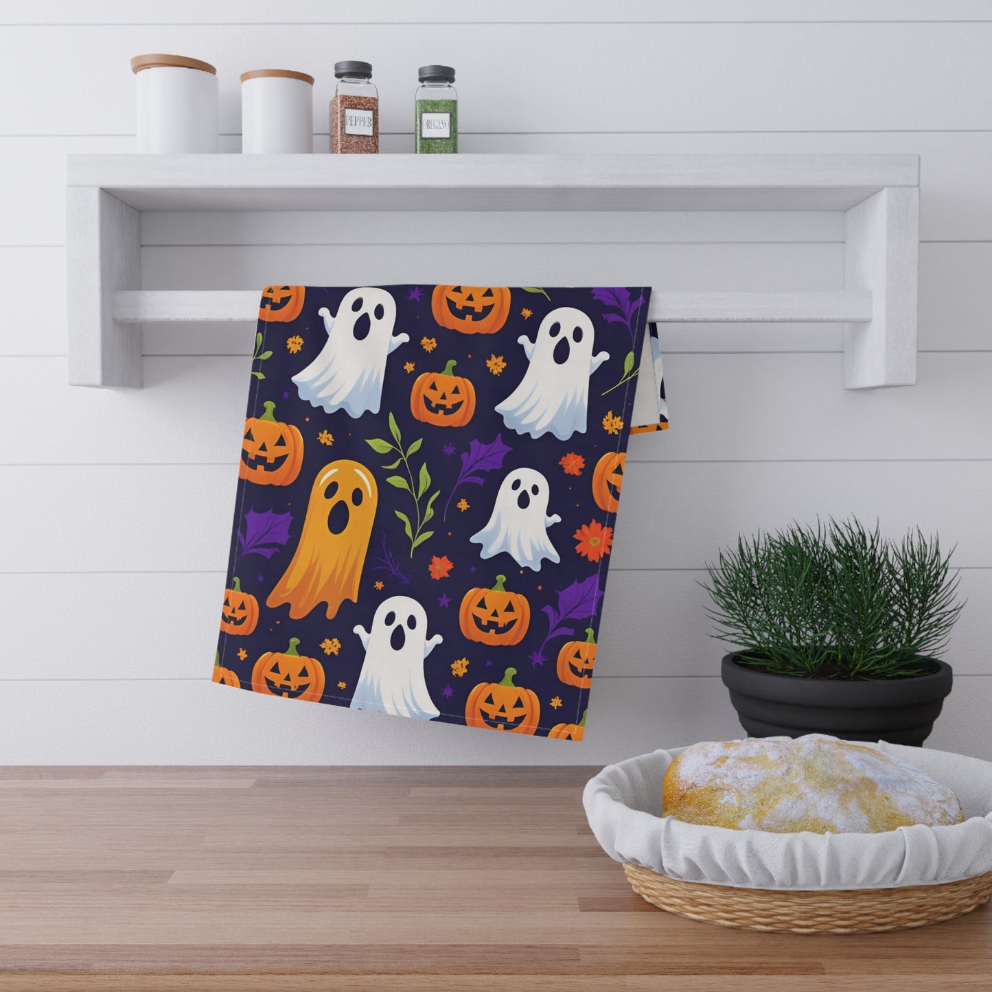 Playful Ghosts and Jack-O’-Lanterns Halloween Tea Towel – Navy Blue Floral Design
