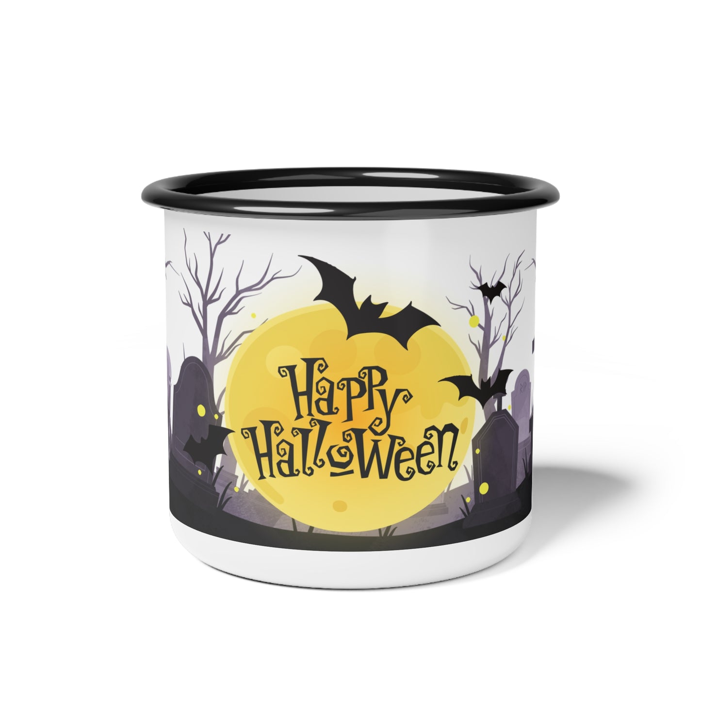 Happy Halloween Enamel Camp Cup – Whimsical Moon and Graveyard Design