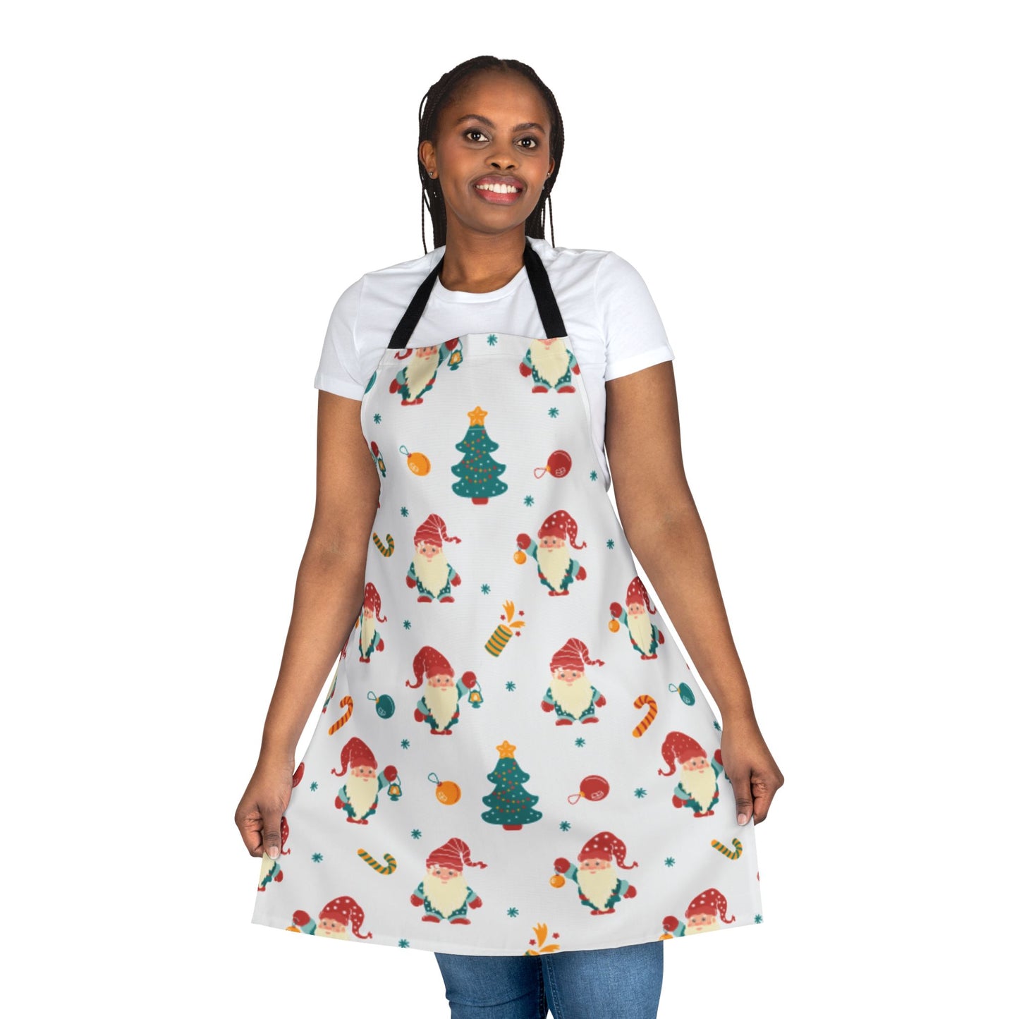 Festive Christmas Apron with Gnomes, Ornaments, and Holiday Decorations