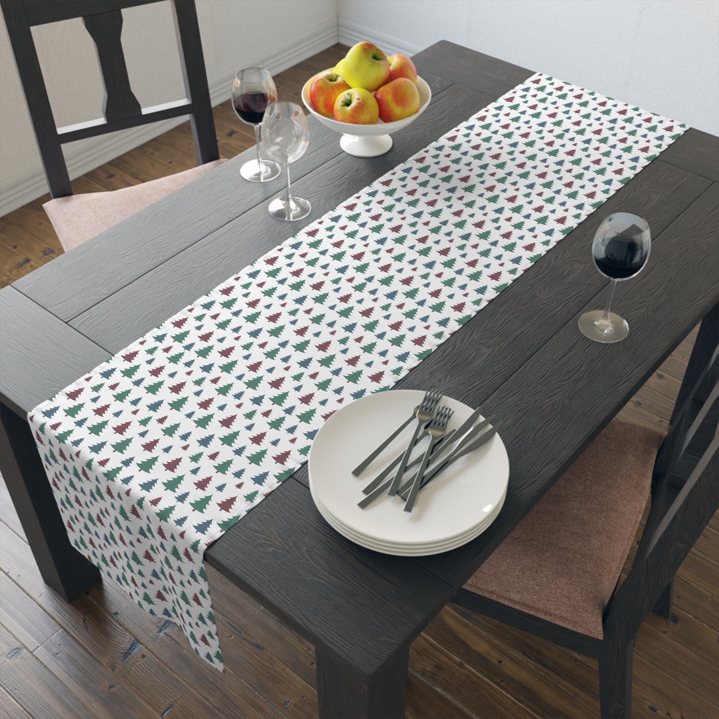 Christmas Table Runner, Green Pine Tree Pattern, Festive Holiday Dining Decor, White Background, Seasonal Table Linen