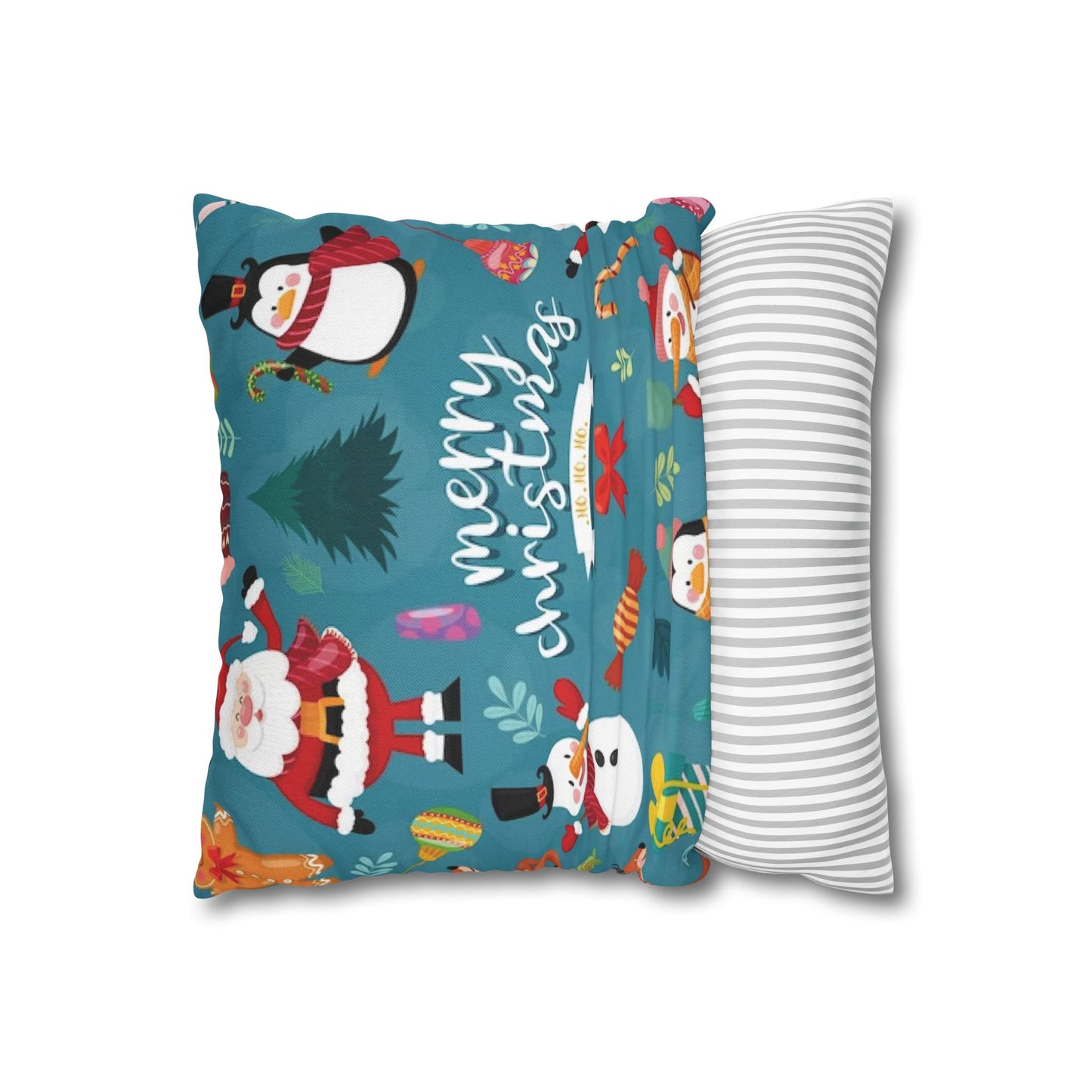 Indoor Pillowcase – Blue Christmas Design with Santa, Snowmen & Penguins – Festive Holiday Decor Accent