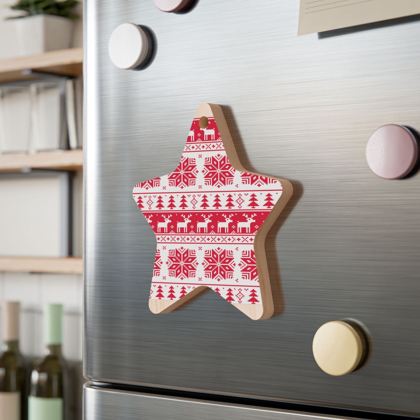 Nordic Bell-Shaped Wooden Ornament – Red & White Reindeer Pattern – Magnetic Holiday Decor with Ribbon