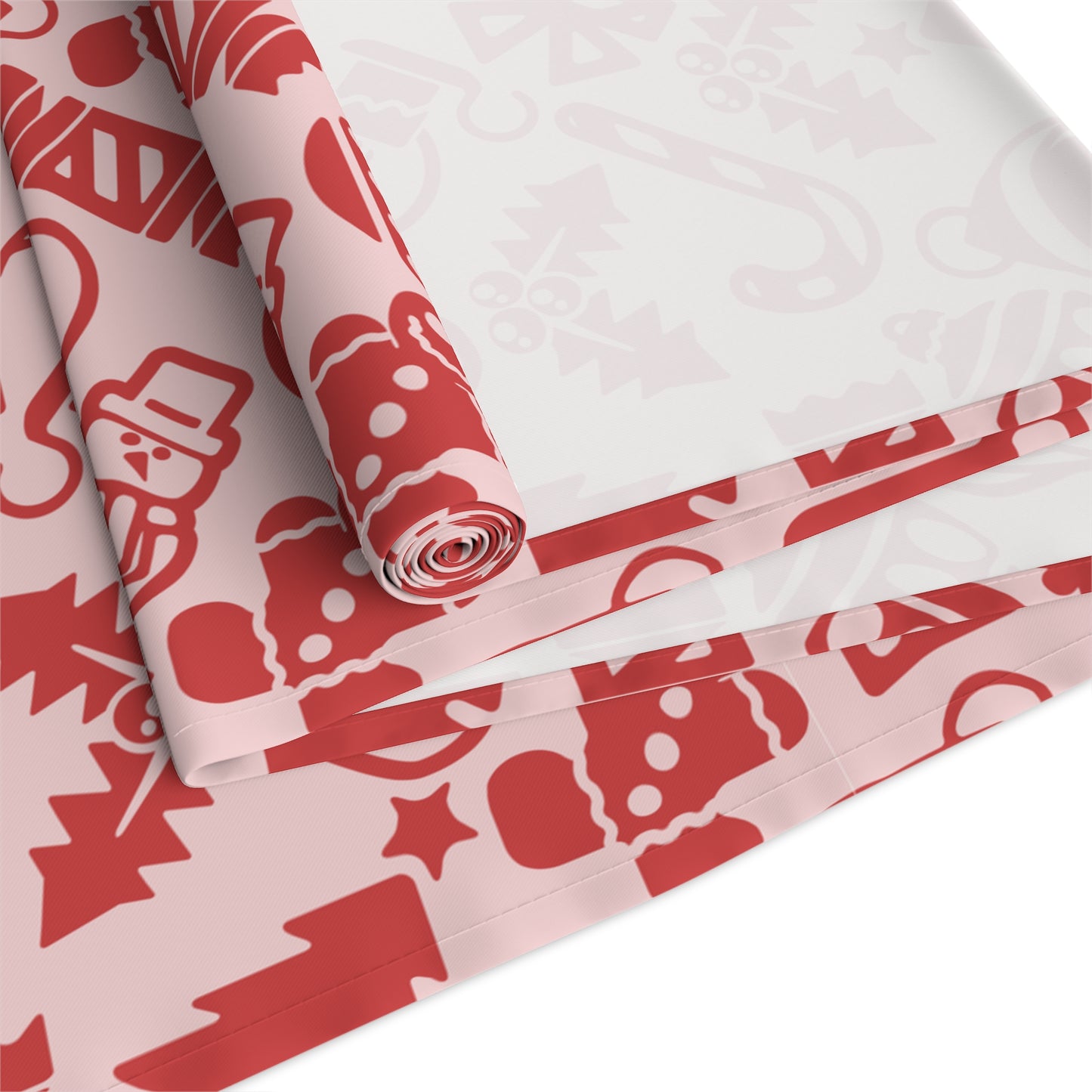 Christmas Table Runner, Red Holiday Icons Pattern, Trees Snowmen Ornaments Candy Canes and Presents, Light Background Festive Decor