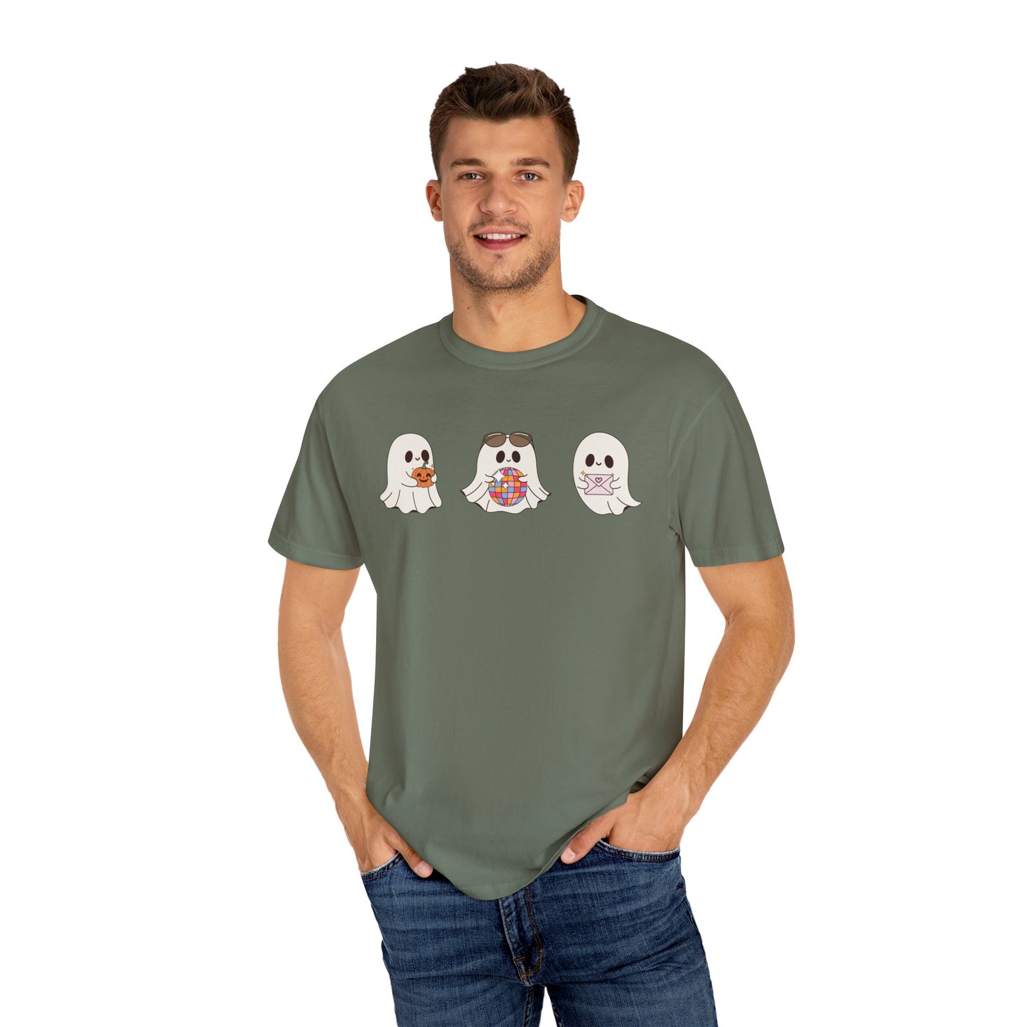 Three Cute Ghosts with Pumpkin, Trick or Treat Party Outfit – October Holiday Shirt