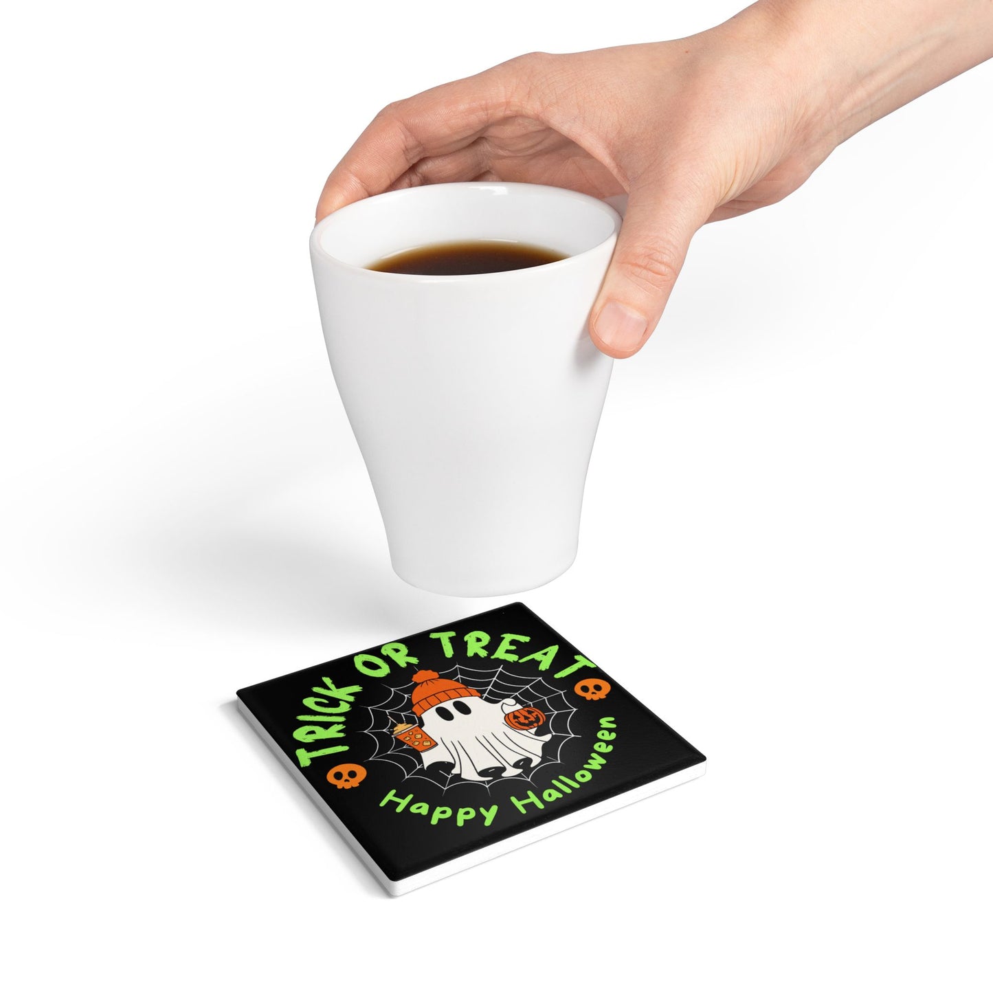 Trick or Treat Ceramic Coaster – Cute Ghost with Pumpkin and Drinks