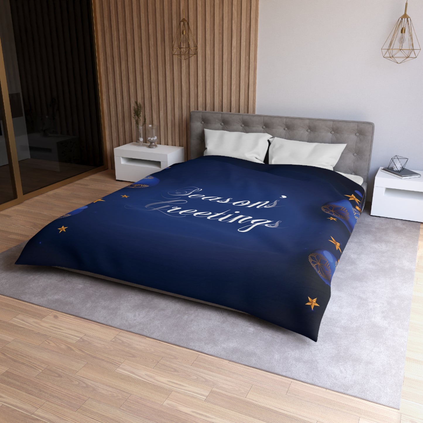 Seasons Greetings Microfiber Duvet Cover for Chirtsmas Gift, Dark Blue