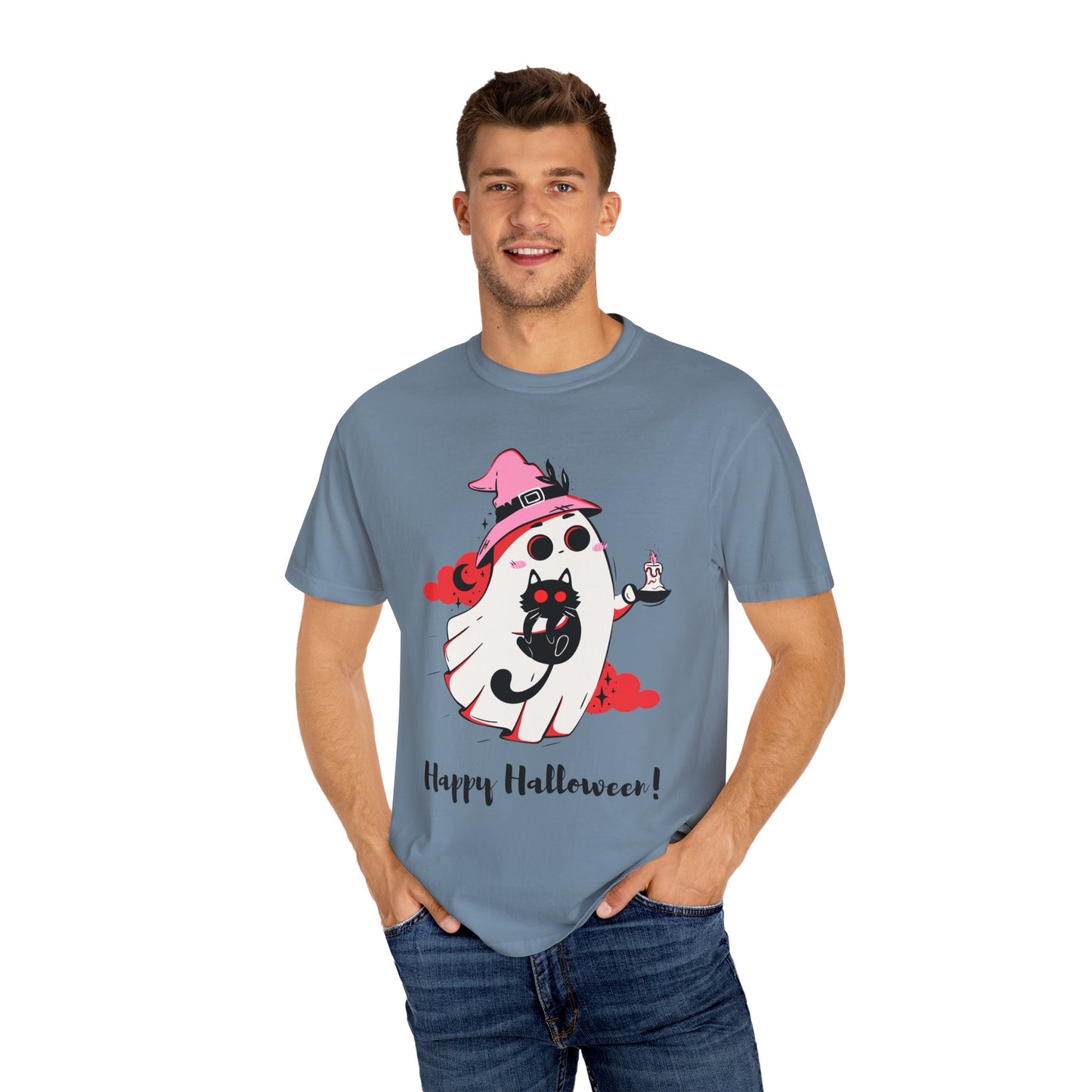 Ghostly Glam T-Shirt - Witchy Whimsy with Cat Companion