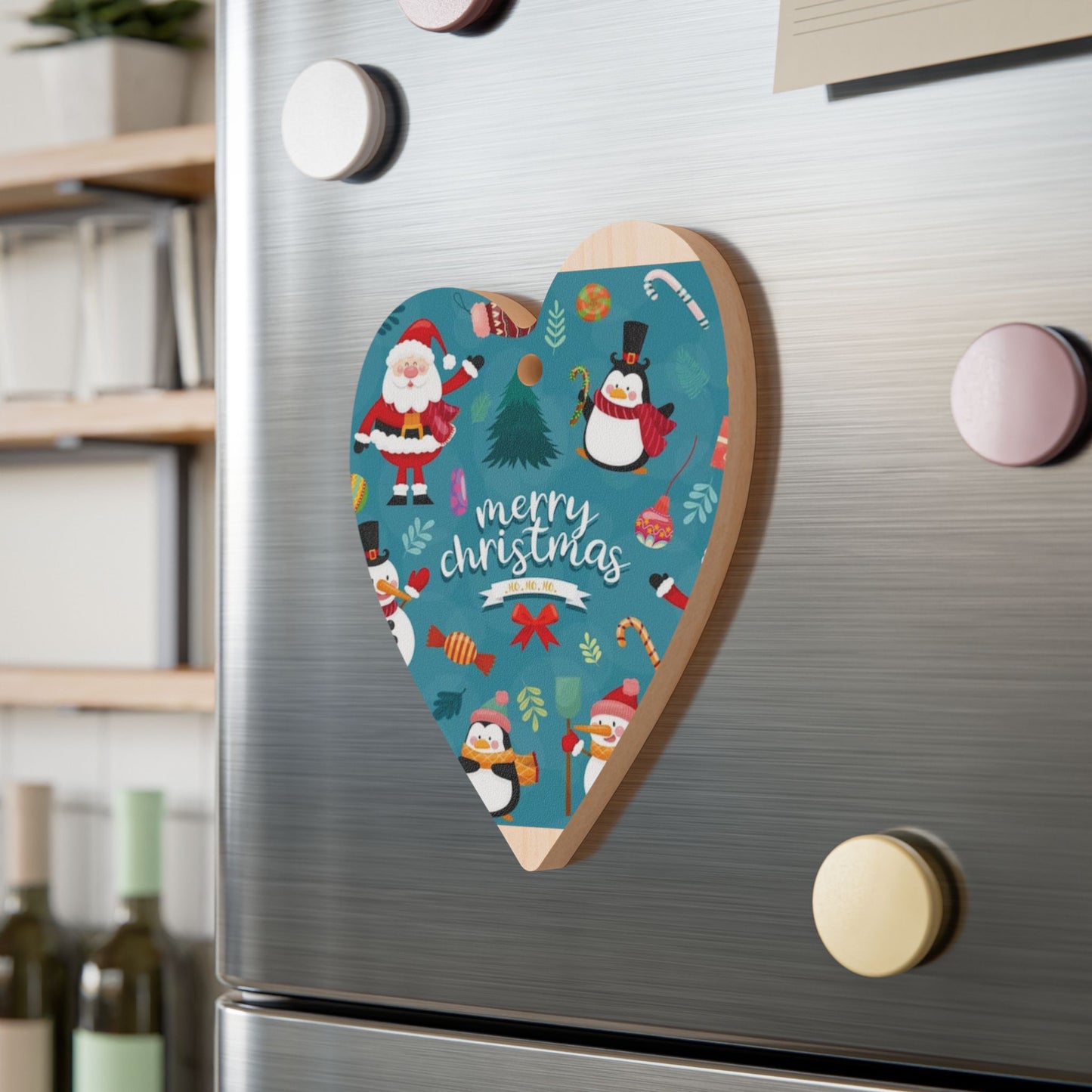 Wooden Ornament – Blue Christmas Stocking with Santa, Snowman & Penguin – Magnetic Holiday Decor with Ribbon