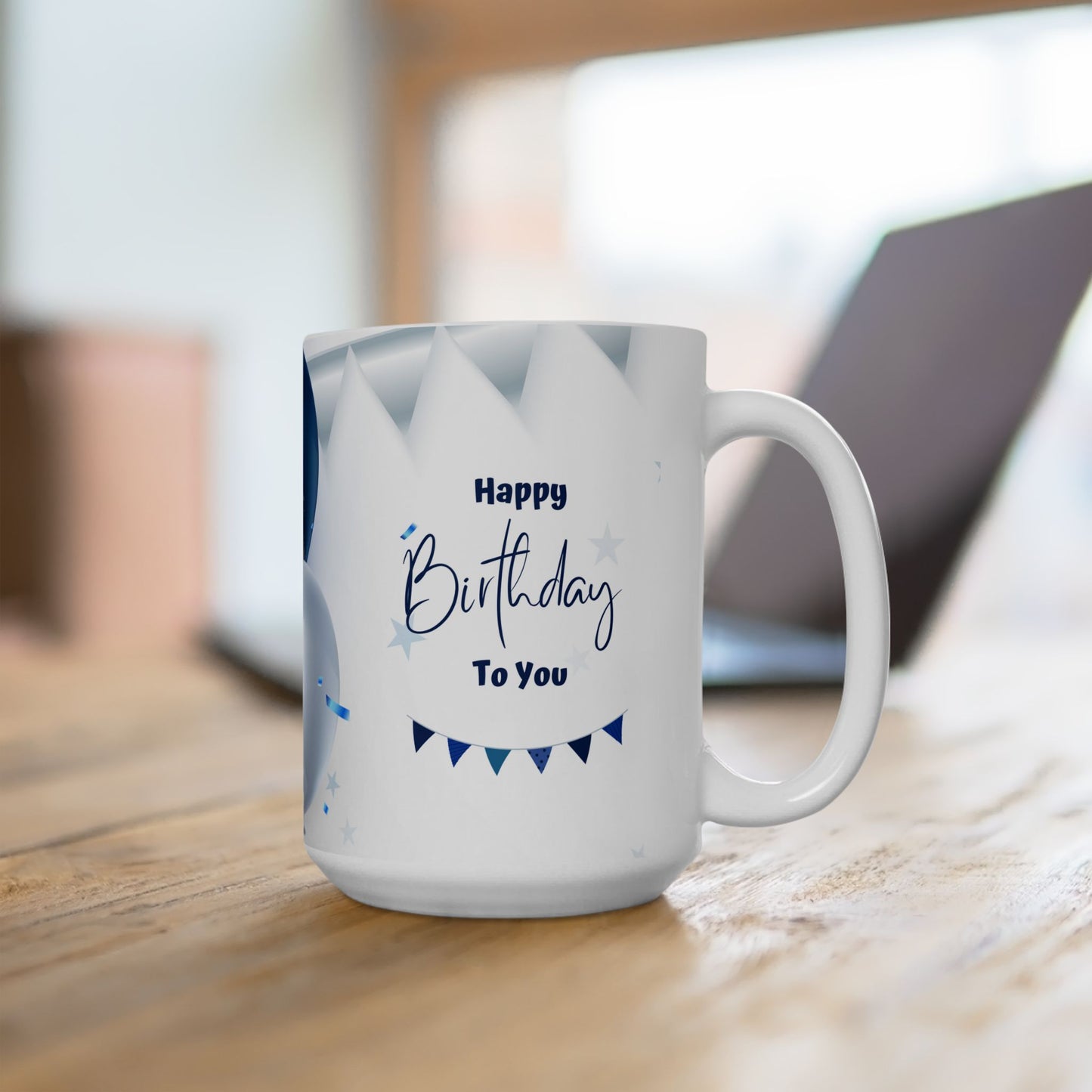 Happy Birthday Coffee Mug – Blue Birthday Gift Cup, 15oz Ceramic Mug with Balloons & Bunting Design