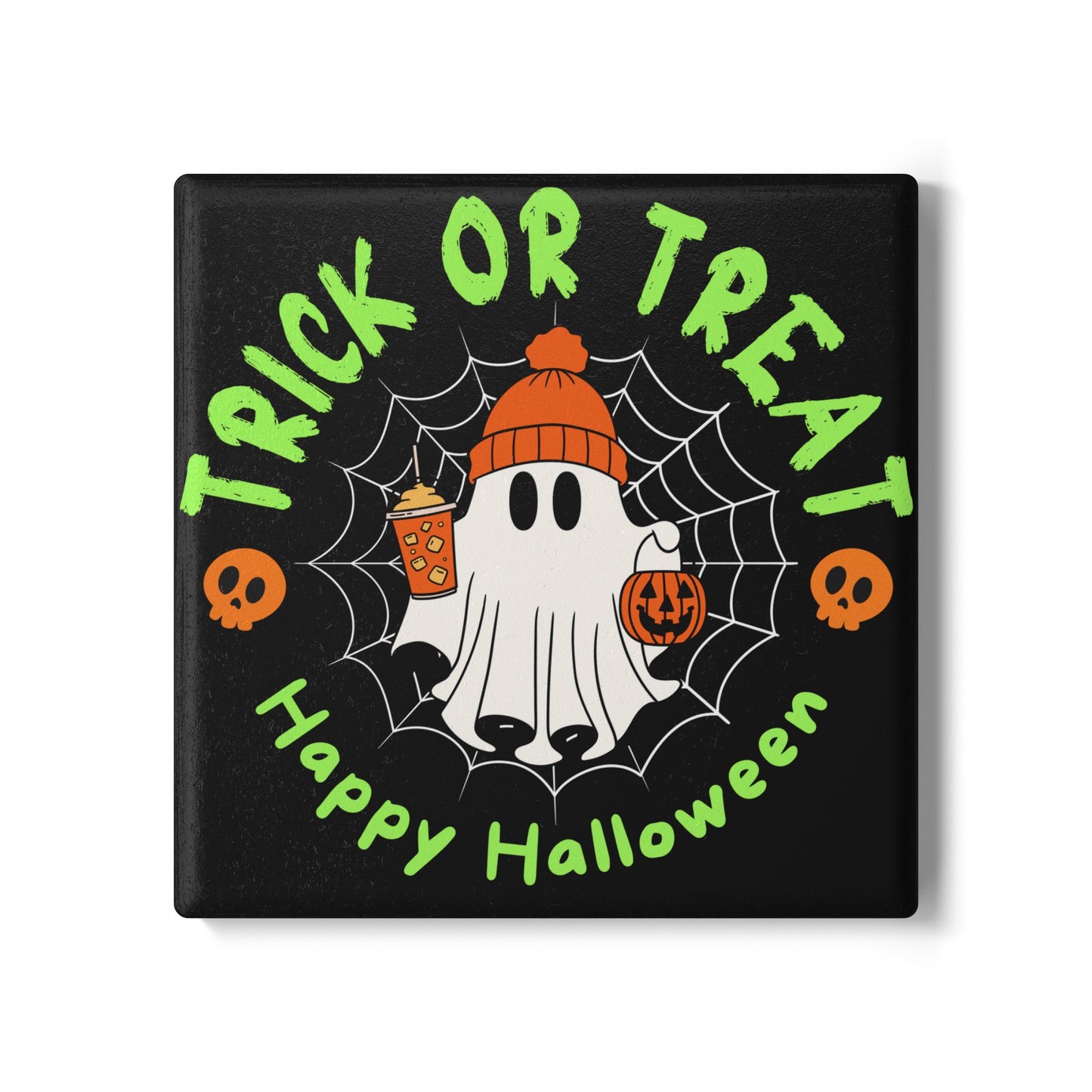 Trick or Treat Ceramic Coaster – Cute Ghost with Pumpkin and Drinks