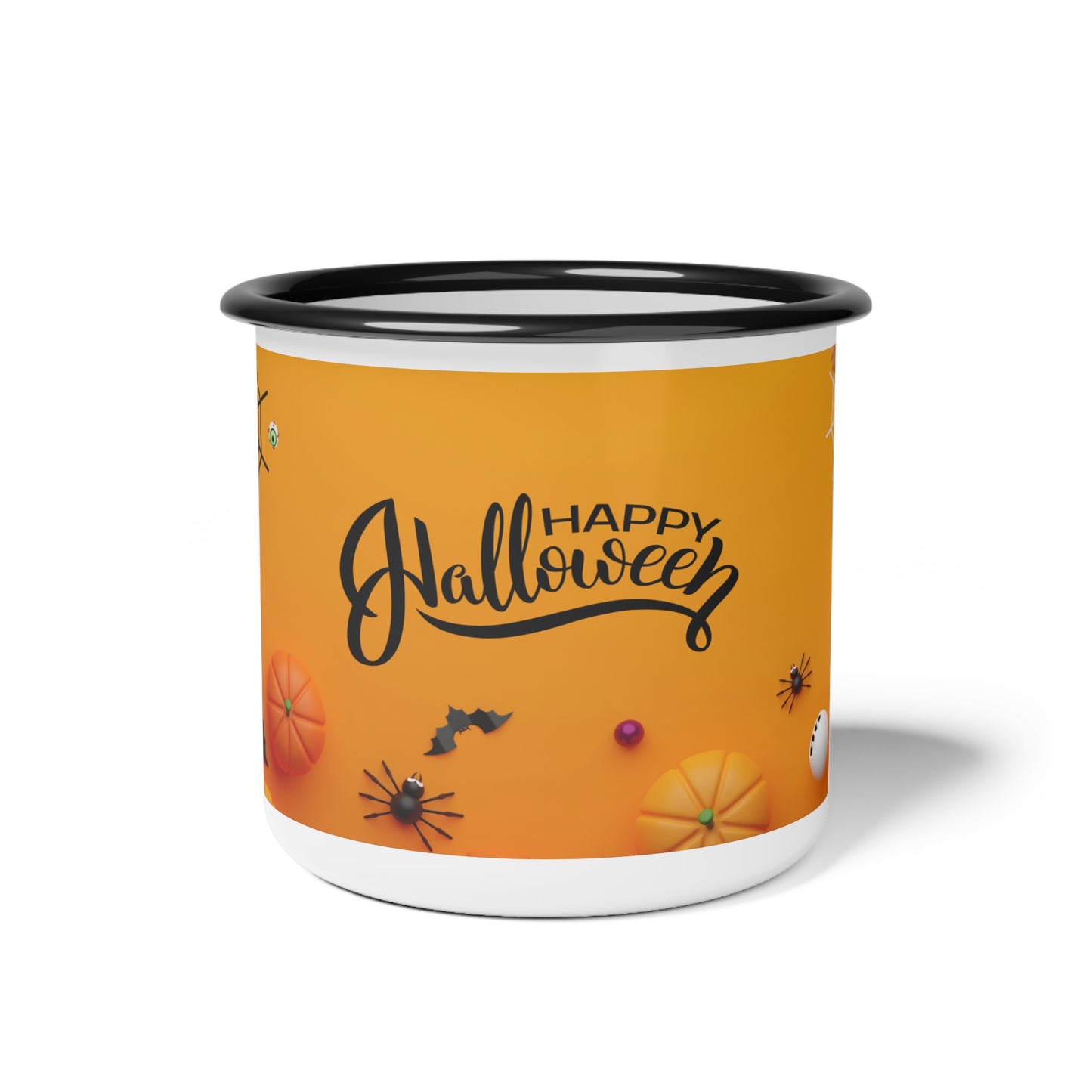 Halloween Enamel Camp Cup – Spooky Orange Design with Ghosts and Pumpkins