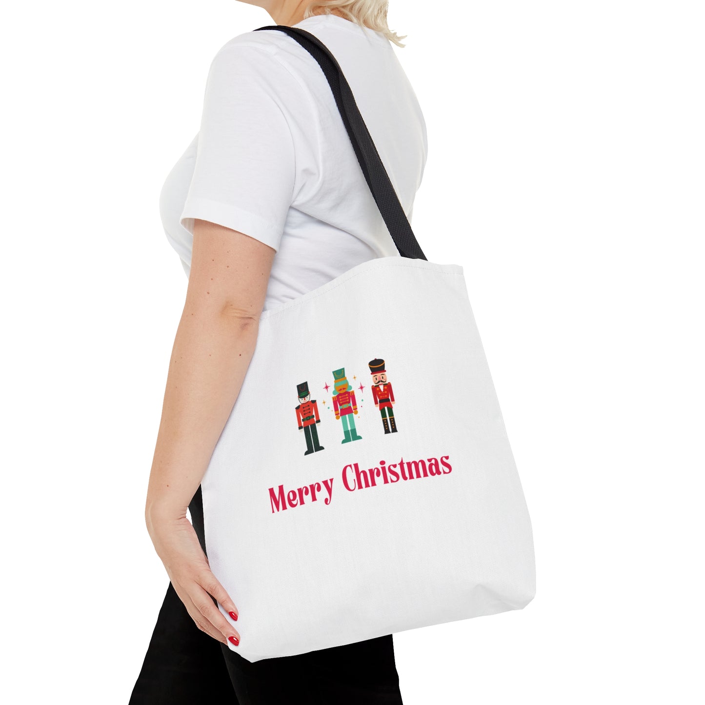 Tote Bag – Nutcracker Trio with “Merry Christmas” Text – Gift for Holiday Shoppers & Seasonal Outings