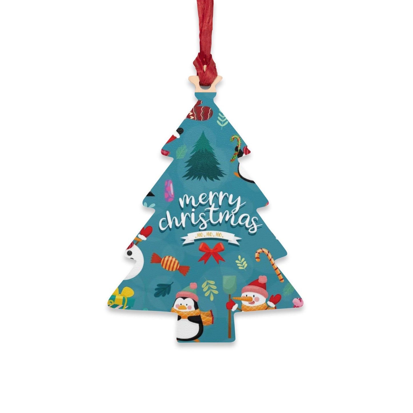 Wooden Ornament – Blue Christmas Stocking with Santa, Snowman & Penguin – Magnetic Holiday Decor with Ribbon
