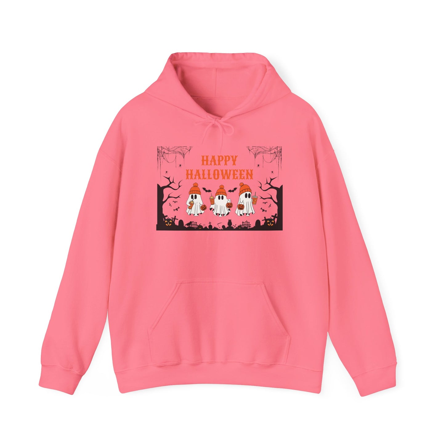 Happy Halloween” Ghost Hoodie – Pumpkin Parade in Haunted Forest