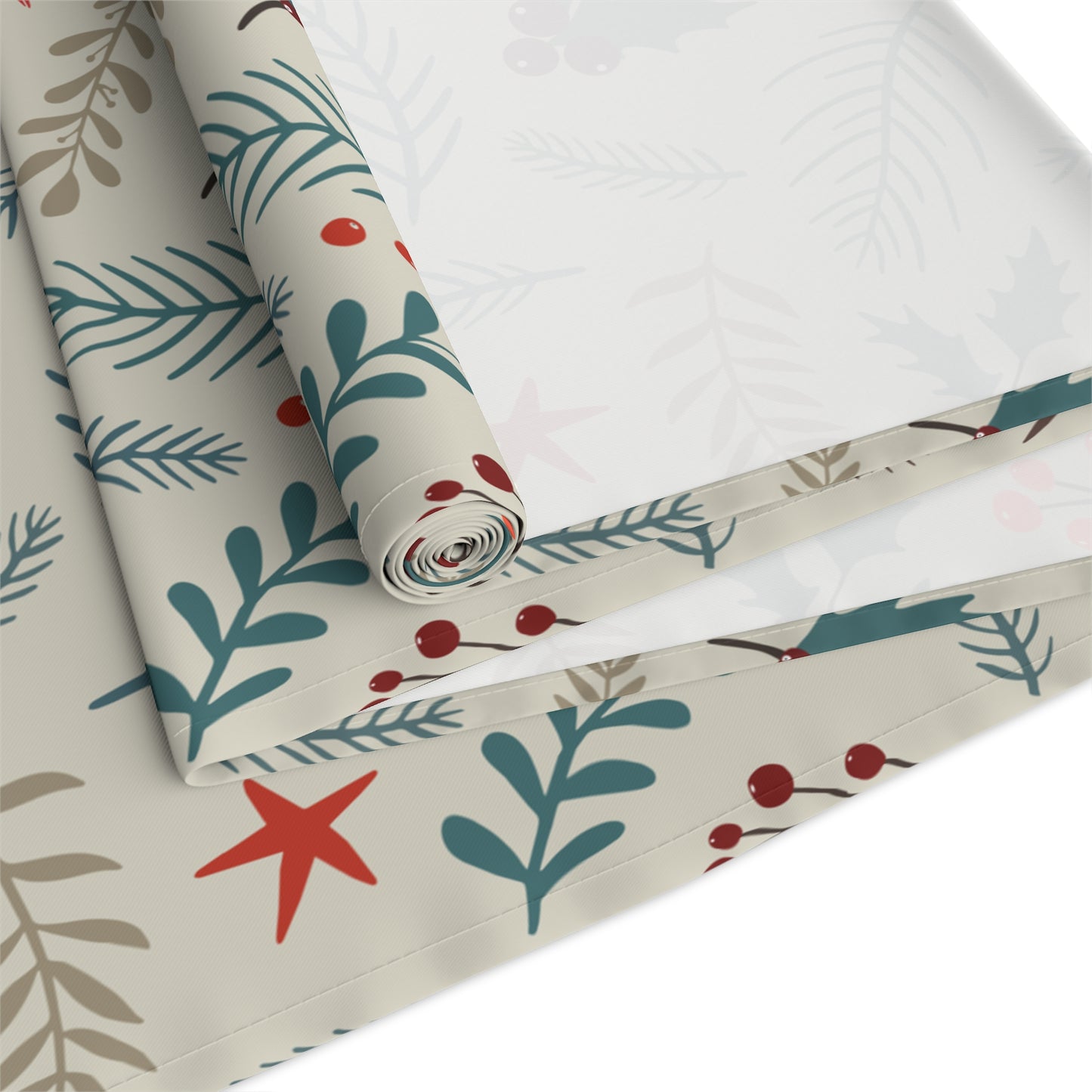 Christmas Table Runner, Pinecones and Leaves Pattern, Red Stars and Berries Design, Beige Background Holiday Dining Decor