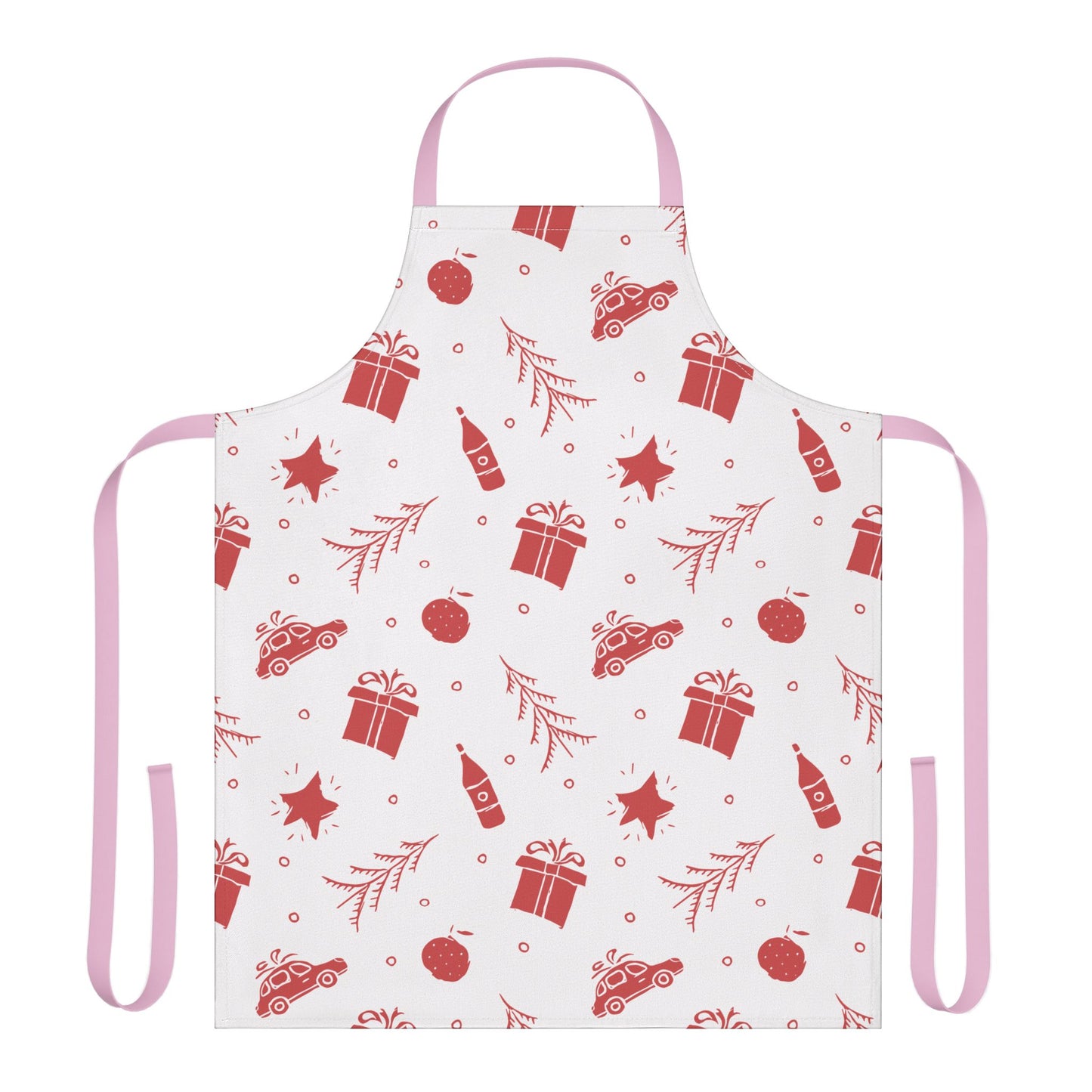 White Christmas Apron with Red Holiday Illustrations and Festive Motifs