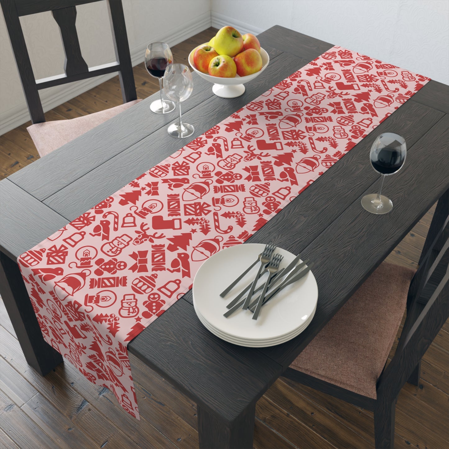 Christmas Table Runner, Red Holiday Icons Pattern, Trees Snowmen Ornaments Candy Canes and Presents, Light Background Festive Decor