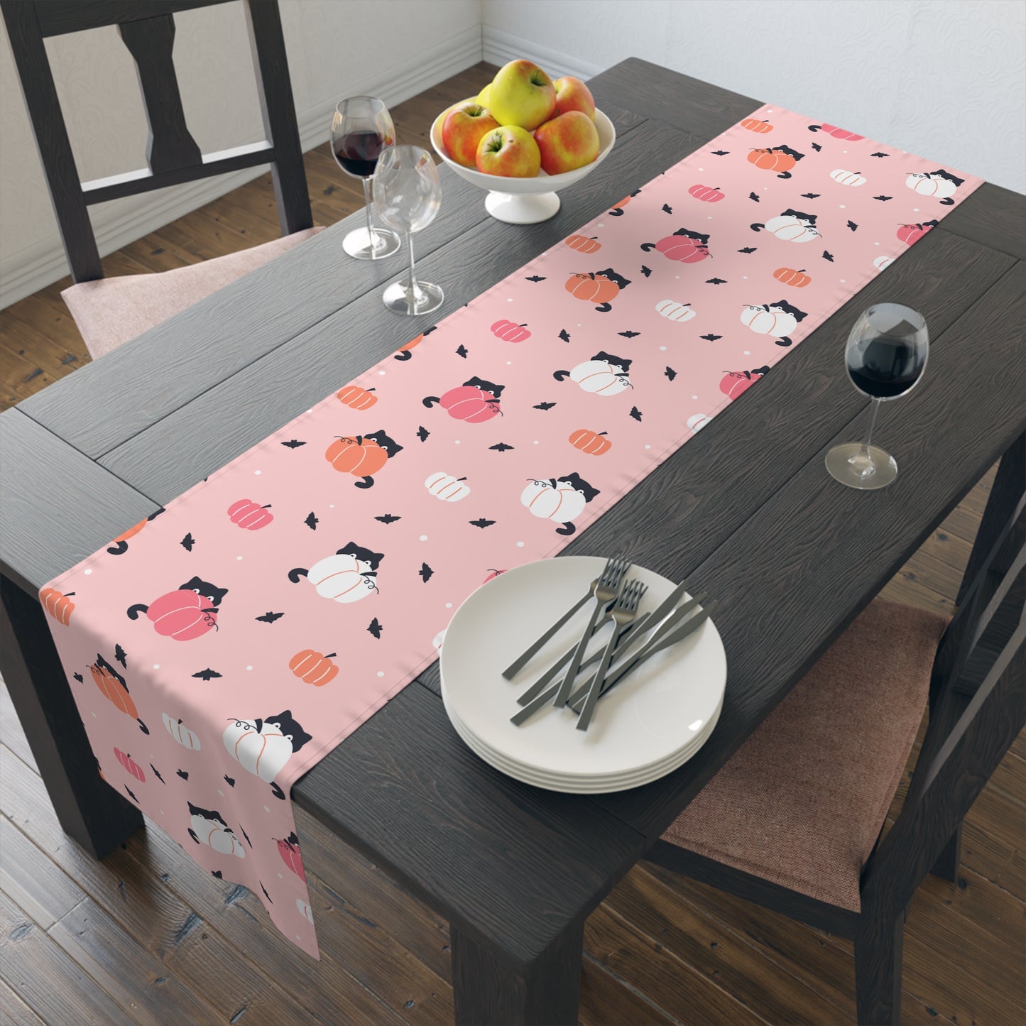 Pink Pumpkin & Cat Table Runner – Whimsical Halloween Dining Decor