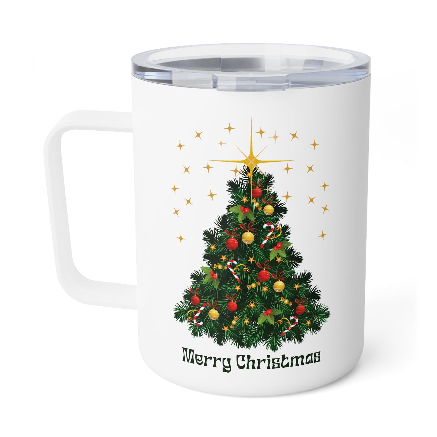 10oz Christmas Travel Mug, “Merry Christmas” Tree Design, Stainless Steel Insulated Cup