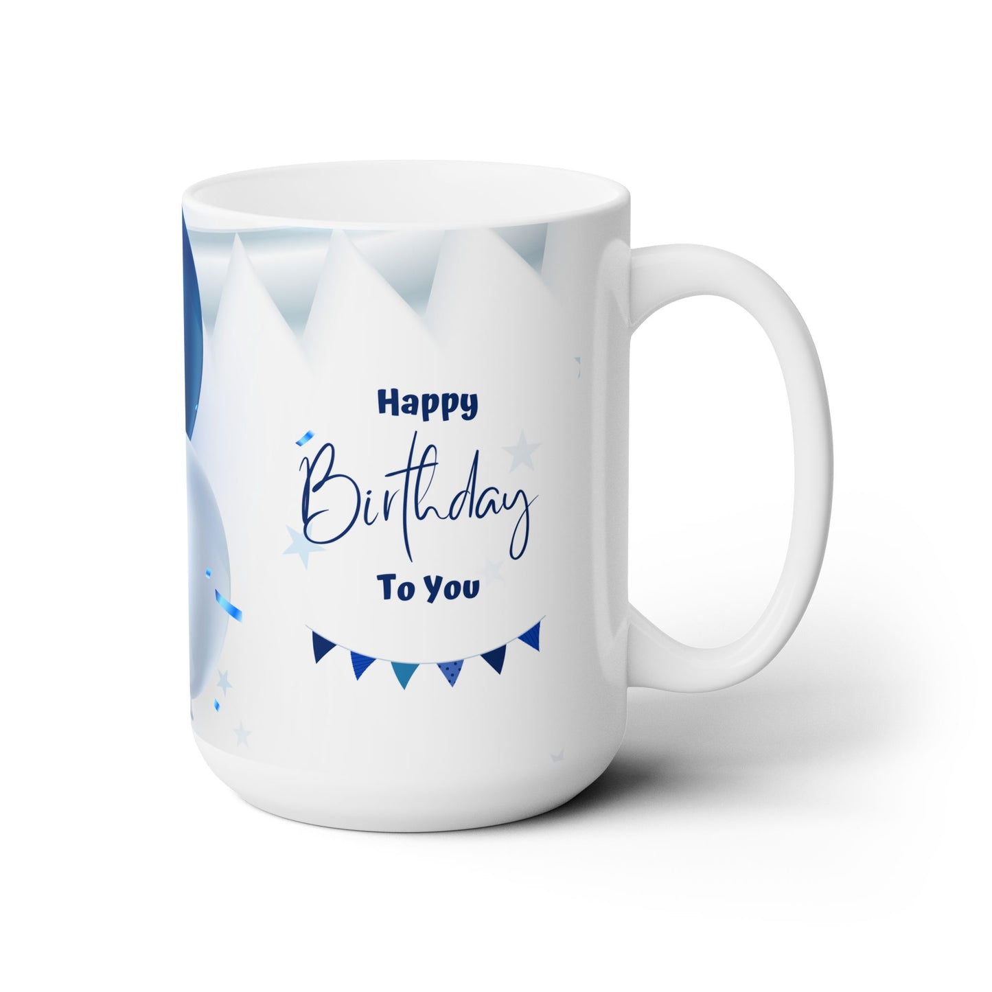 Happy Birthday Coffee Mug – Blue Birthday Gift Cup, 15oz Ceramic Mug with Balloons & Bunting Design