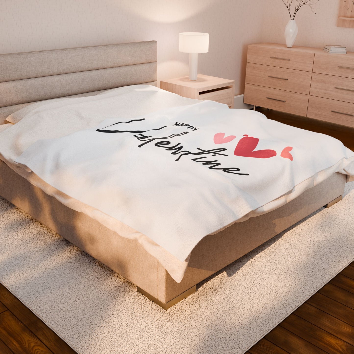 Happy Valentine with Hearts Printed Velveteen Plush Blanket