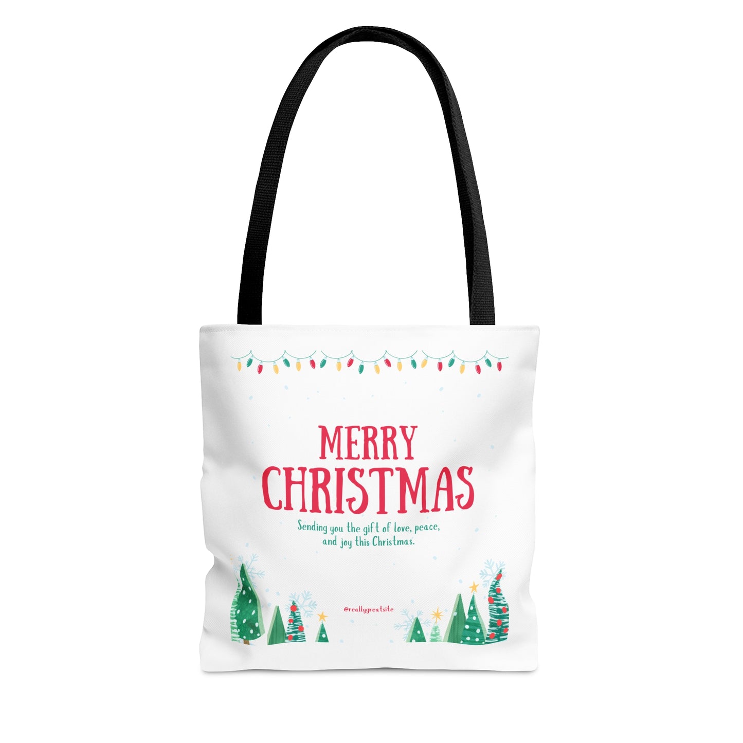 Tote Bag – “MERRY CHRISTMAS” with Lights, Tree Row & Holiday Message – Gift for Festive Errands & Seasonal Cheer