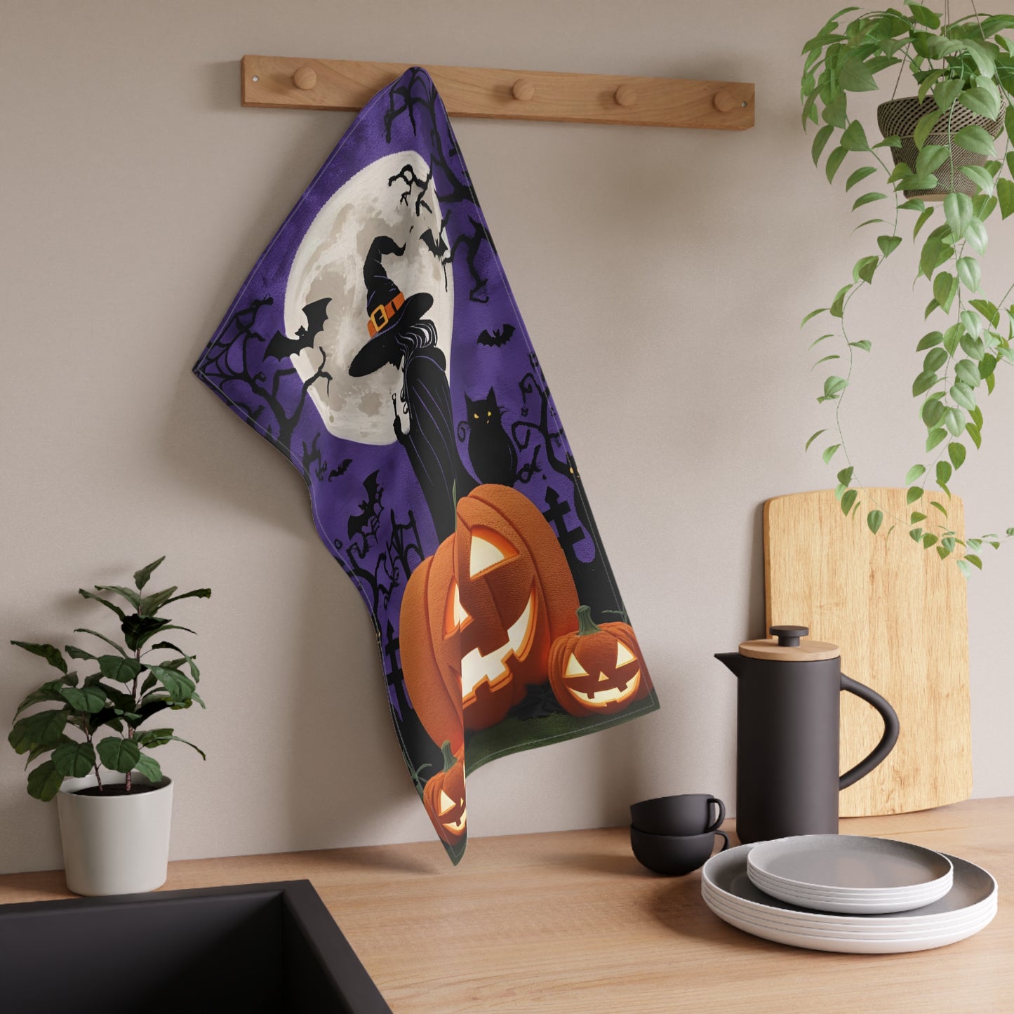 Witch and Jack-O’-Lantern Halloween Tea Towel – Spooky Purple Night Design