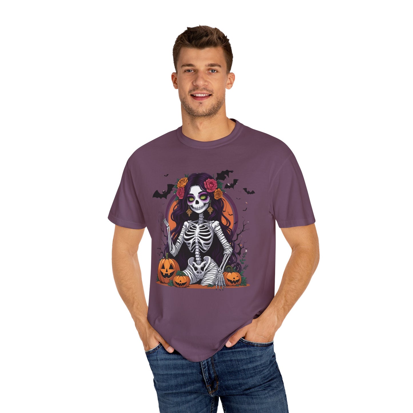 Sitting Skeleton Girl Tee – Gothic Halloween Shirt with Floral Crown