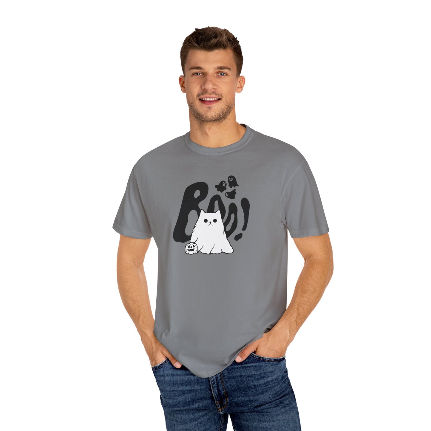 BOO Ghost Cat T-shirt– Pumpkin Purrfection for Halloween