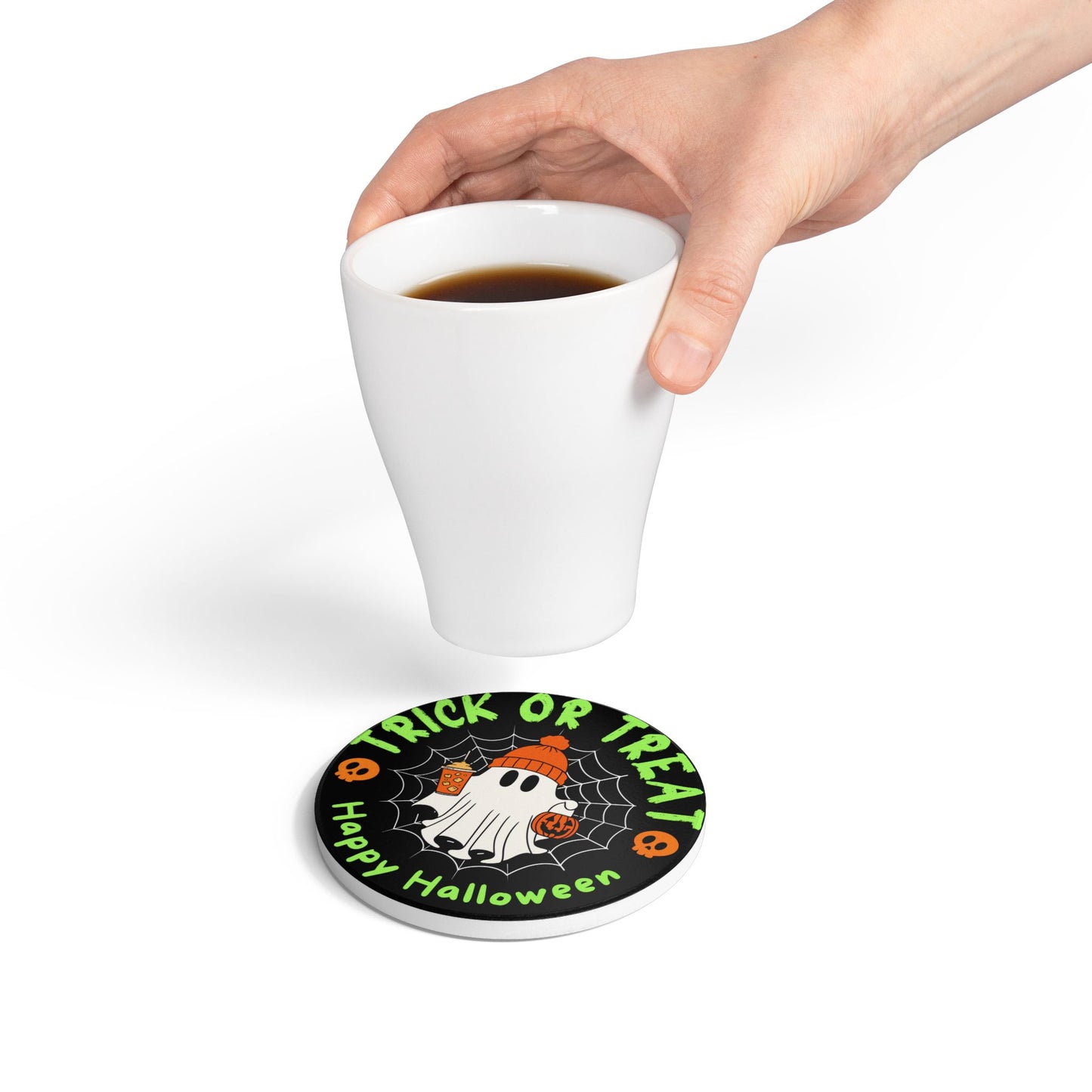 Trick or Treat Ceramic Coaster – Cute Ghost with Pumpkin and Drinks