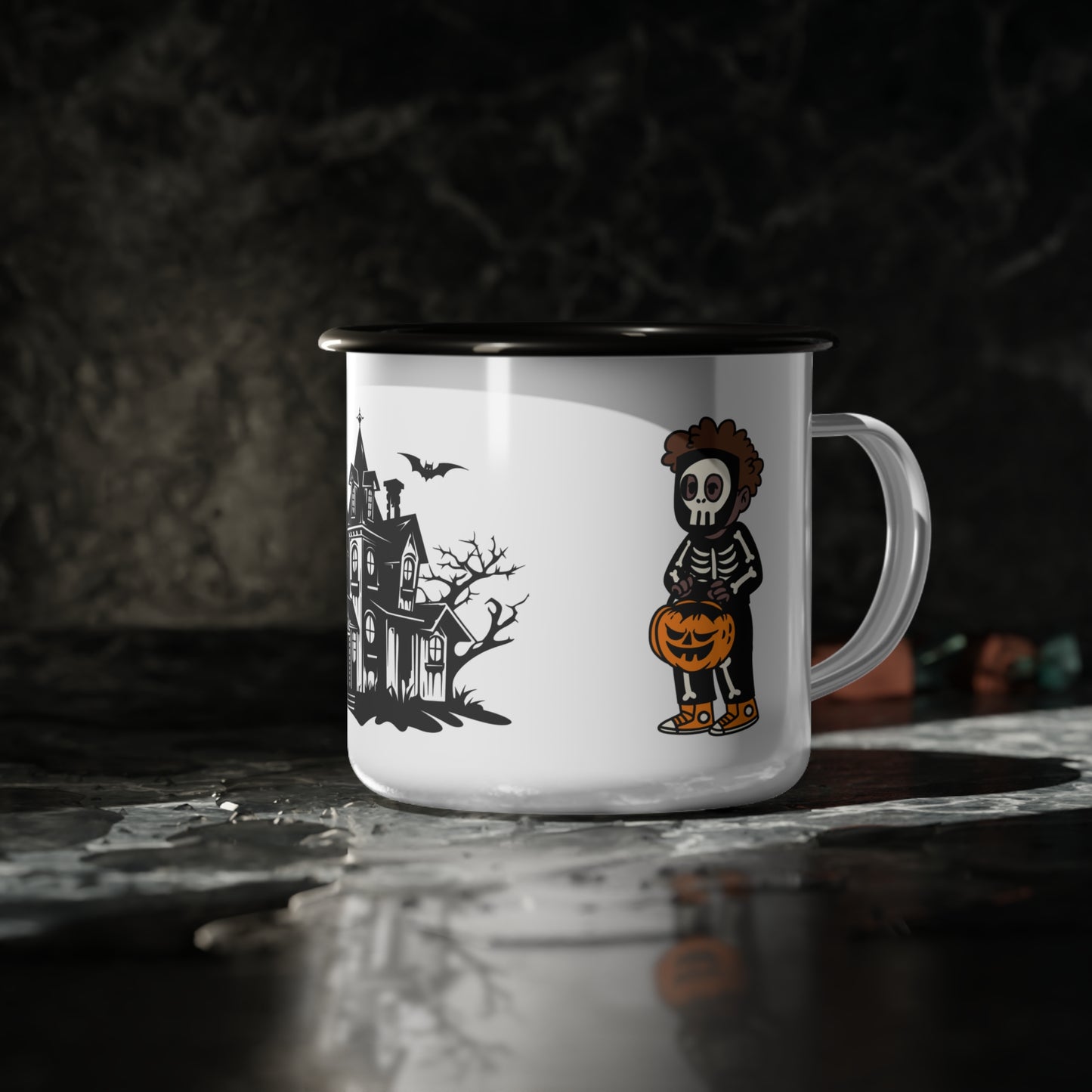 Spooky Mansion Enamel Camp Cup – Skeleton and Jack-O’-Lantern Design