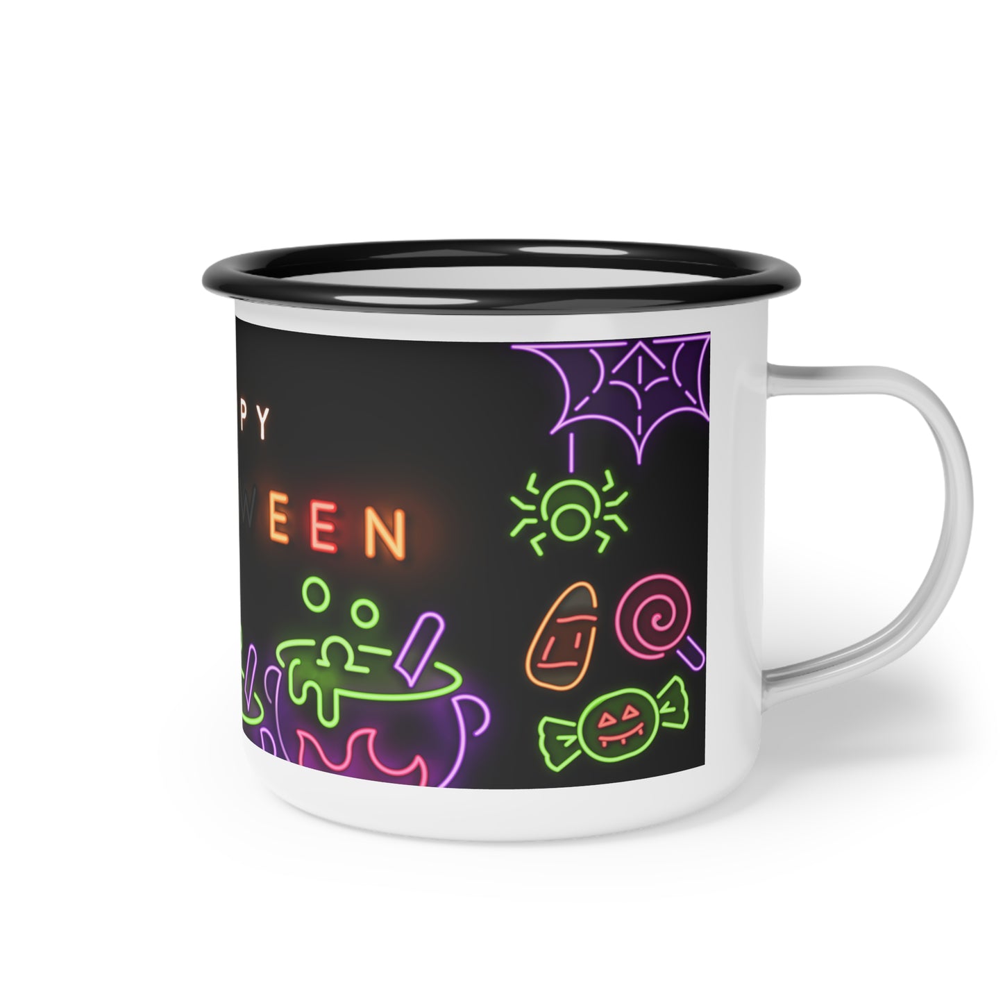 Happy Halloween Enamel Camp Cup – Neon Cauldron and Spooky Design