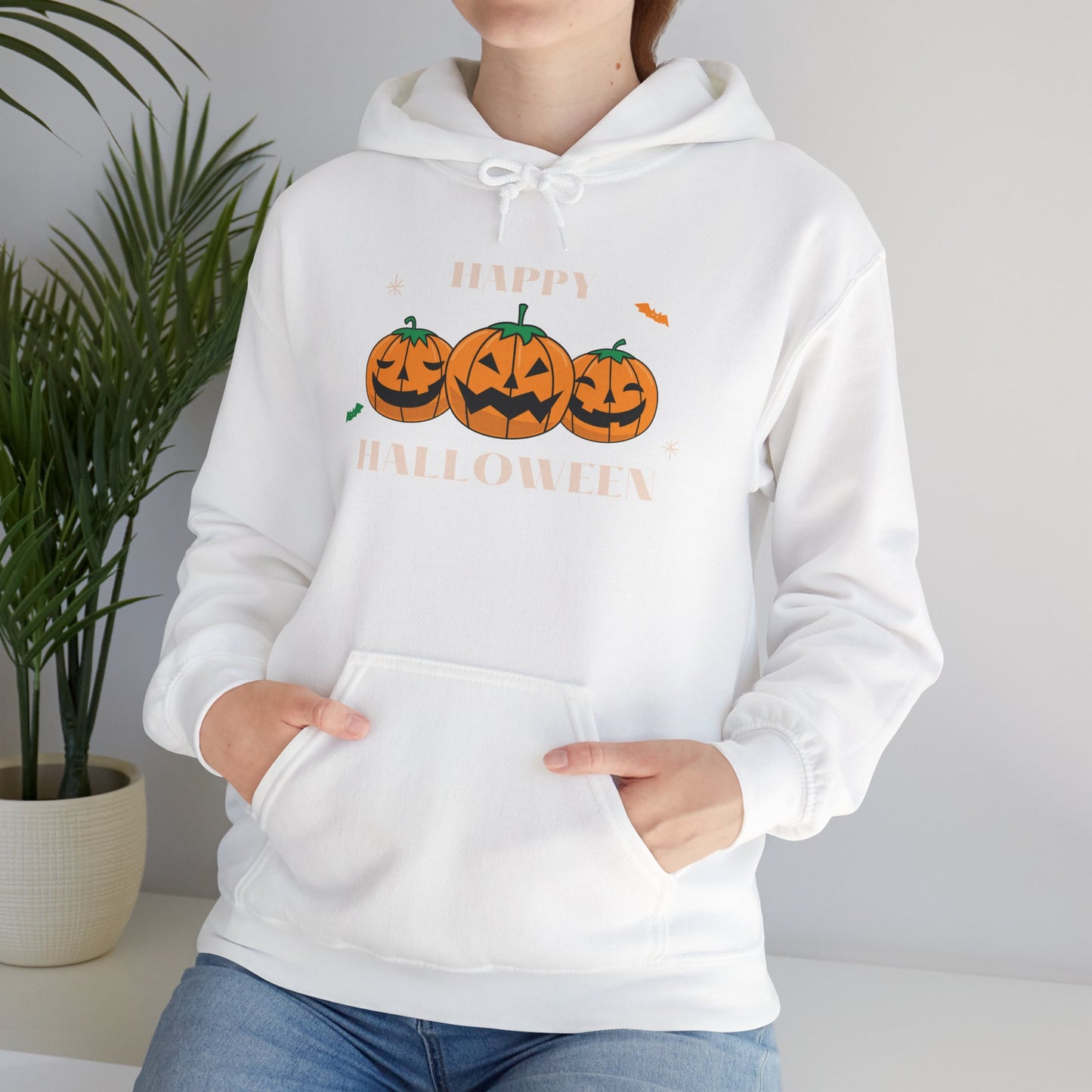 Happy Halloween" Pumpkin Trio Hoodie – Festive & Cozy for Spooky Season