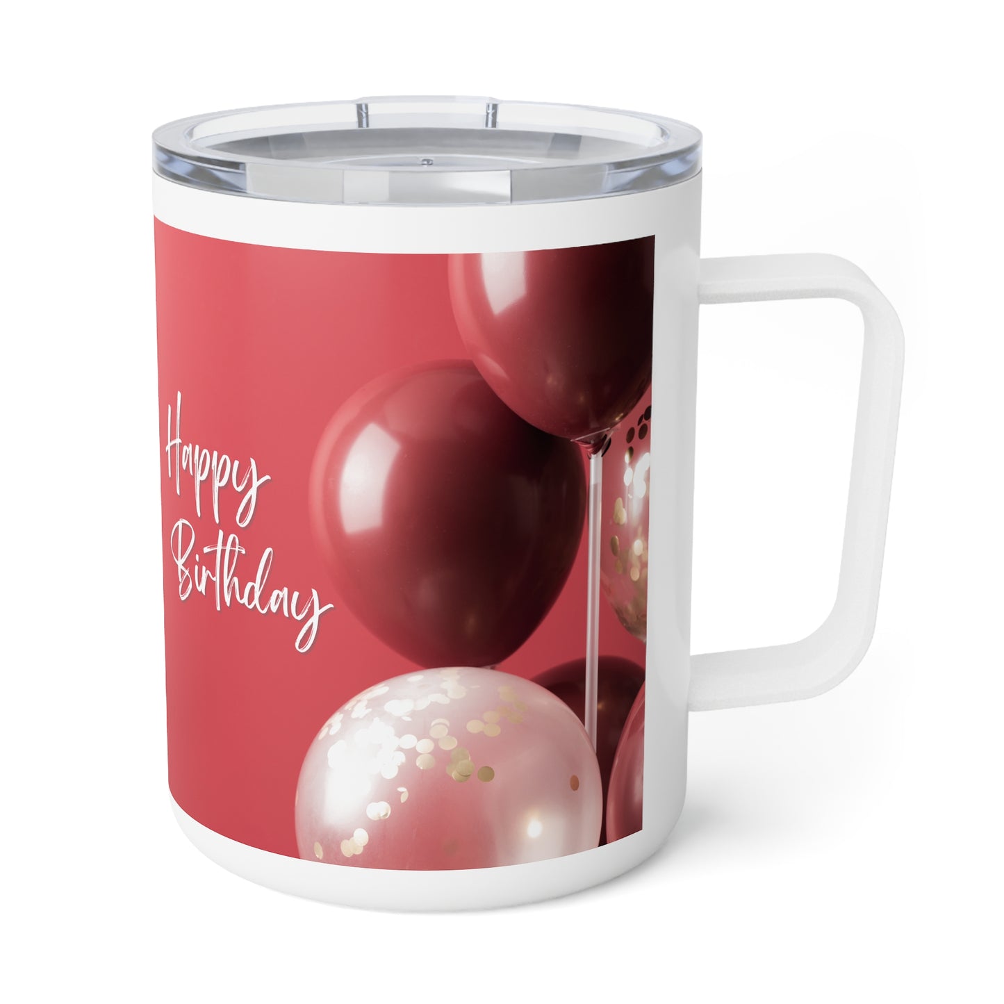 Happy Birthday Travel Mug – Stainless Steel Insulated Cup with Handle & Balloon Design, 10oz