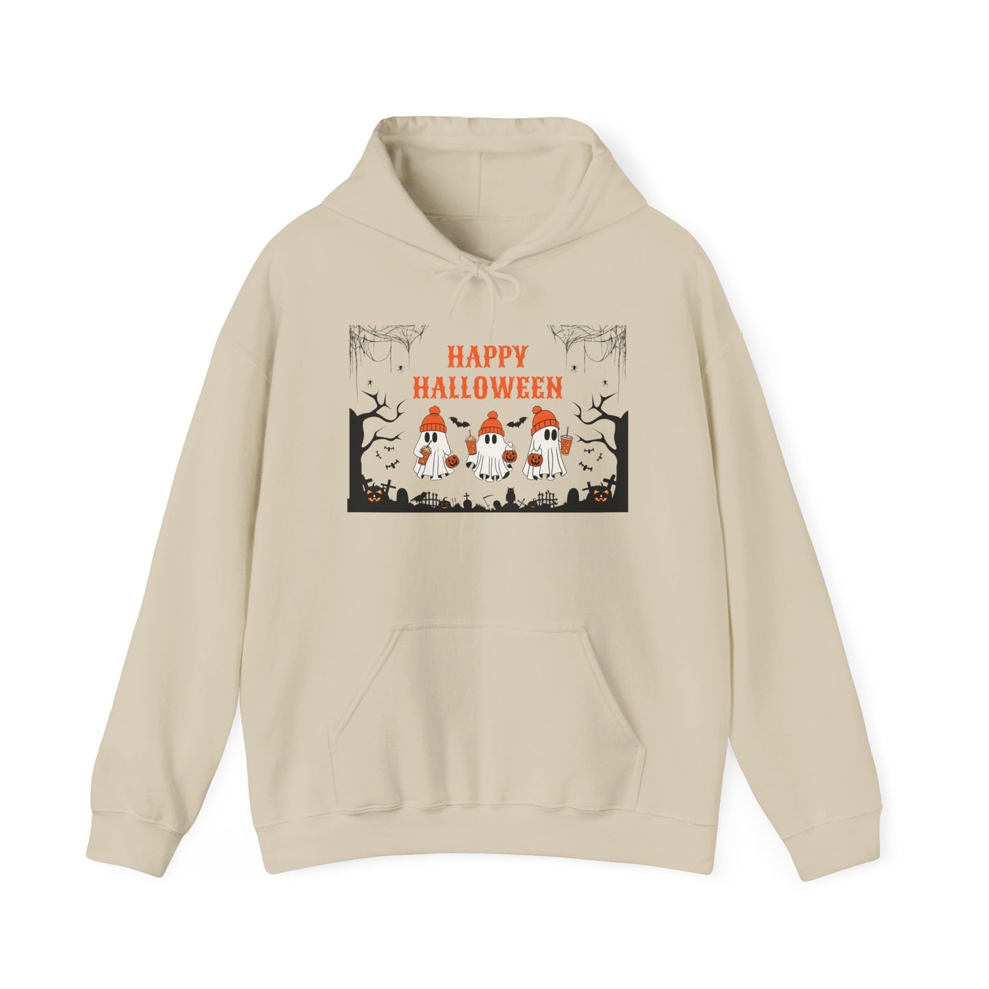 Happy Halloween” Ghost Hoodie – Pumpkin Parade in Haunted Forest