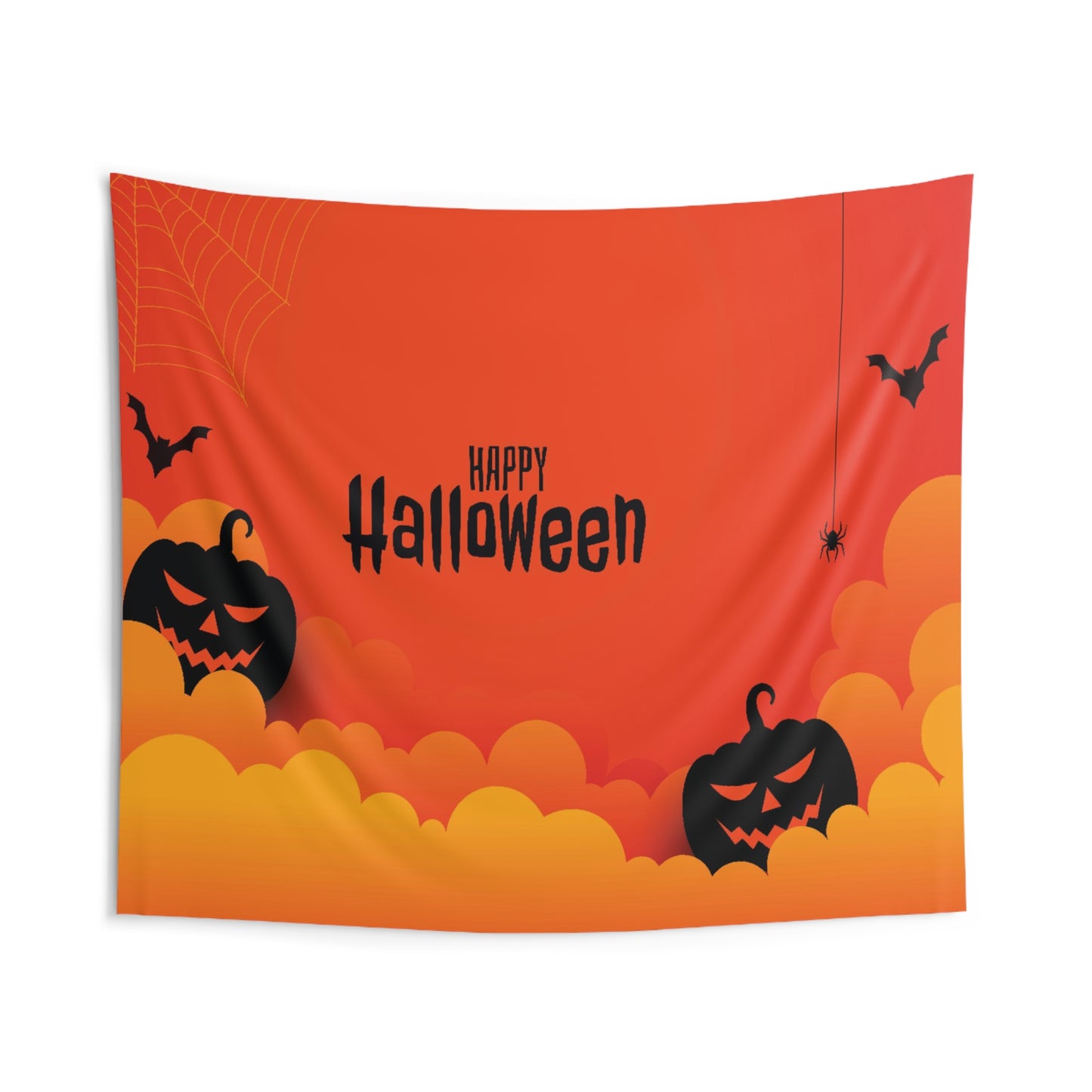 Halloween Wall Tapestry – “Happy Halloween” with Jack-o'-Lanterns & Bats – Spooky Orange Decor for Fall Festivities