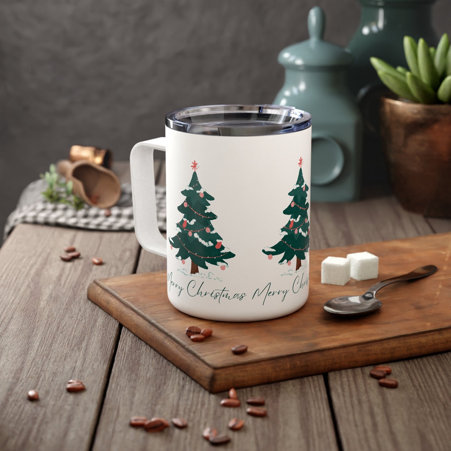10oz Insulated Travel Mug – Christmas Tree Design with “Merry Christmas” – Holiday Gift for Adventurers & Coffee Lovers
