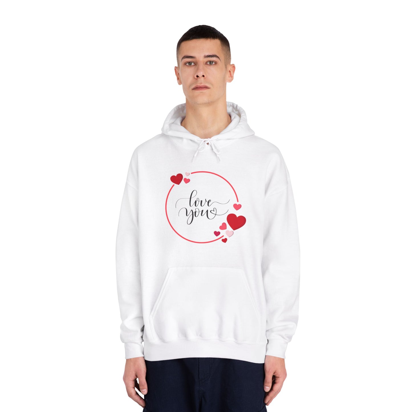 Love You with Hearts Printed Unisex DryBlend® Hooded Sweatshirt, White & Red