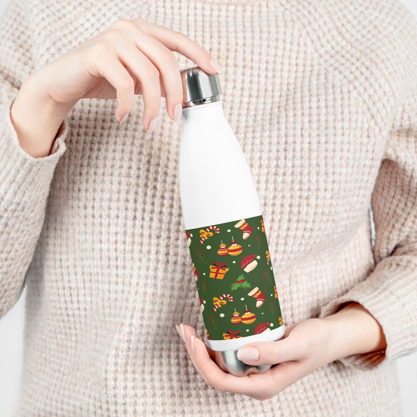 Insulated Stainless Steel Water Bottle – Green Christmas Design with Candy Canes & Holly – Eco-Friendly Holiday Gift
